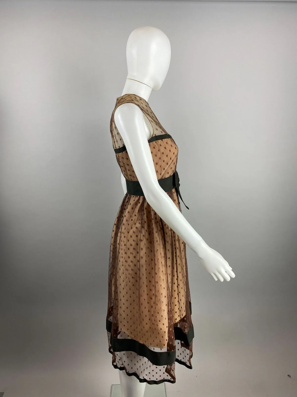 60s Brown Polka Dot Fit Flare Sleeveless Dress Bow By Don Luis De Espana - Image 3