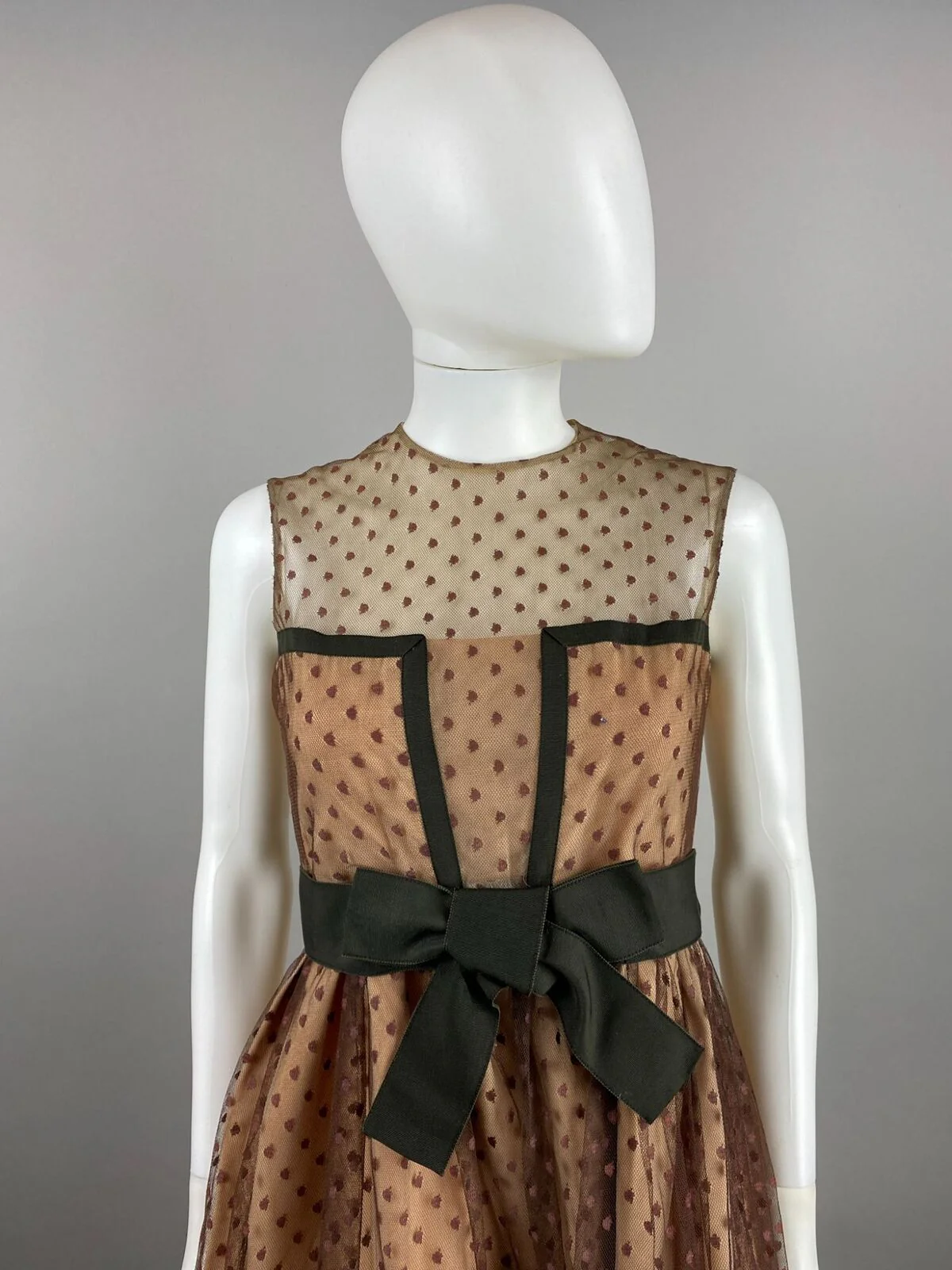 60s Brown Polka Dot Fit Flare Sleeveless Dress Bow By Don Luis De Espana - Image 6