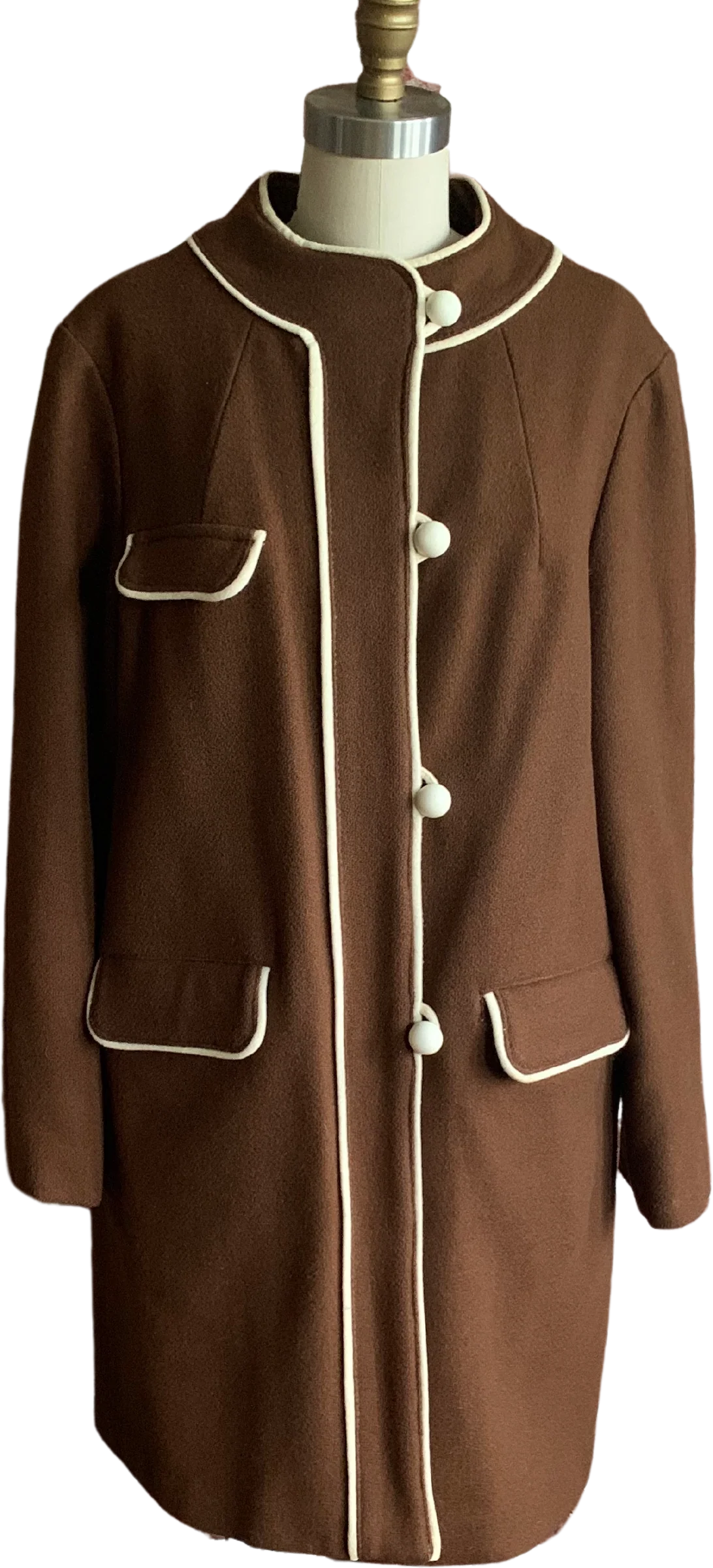 60s Brown Wool Coat Ivory Piping And Buttons By Great Six Sportswear