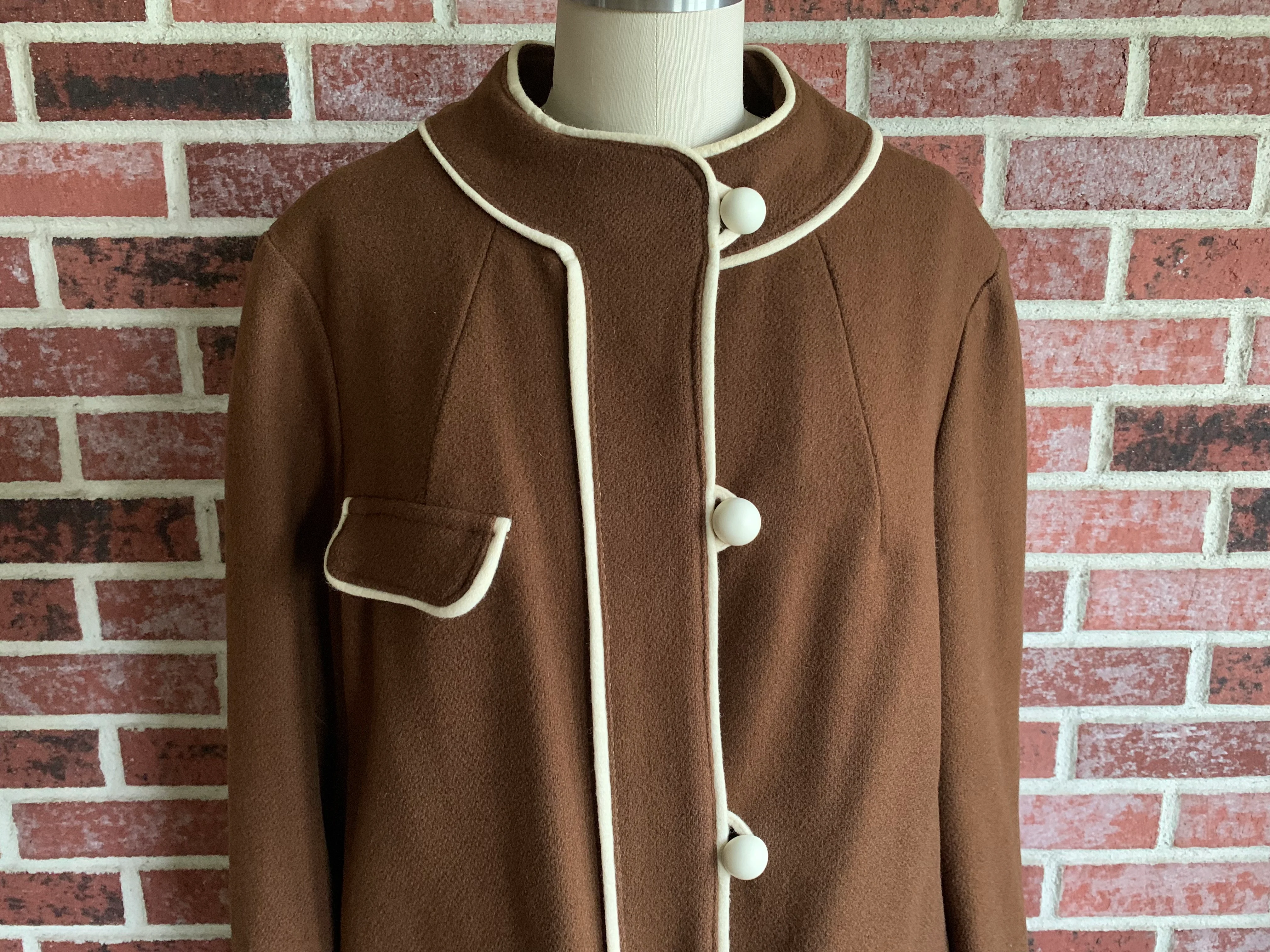 60s Brown Wool Coat Ivory Piping And Buttons By Great Six Sportswear - Image 3