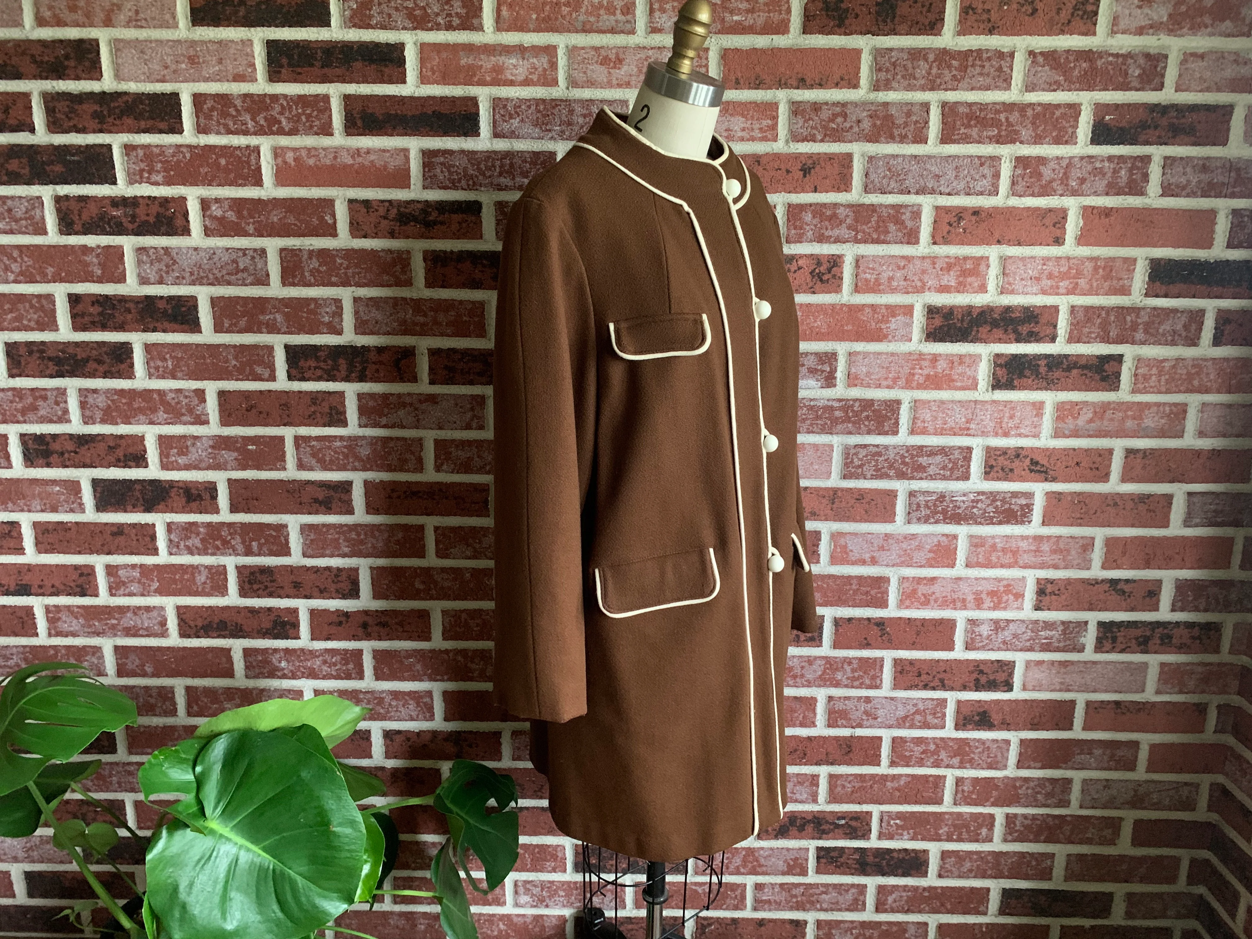 60s Brown Wool Coat Ivory Piping And Buttons By Great Six Sportswear - Image 9