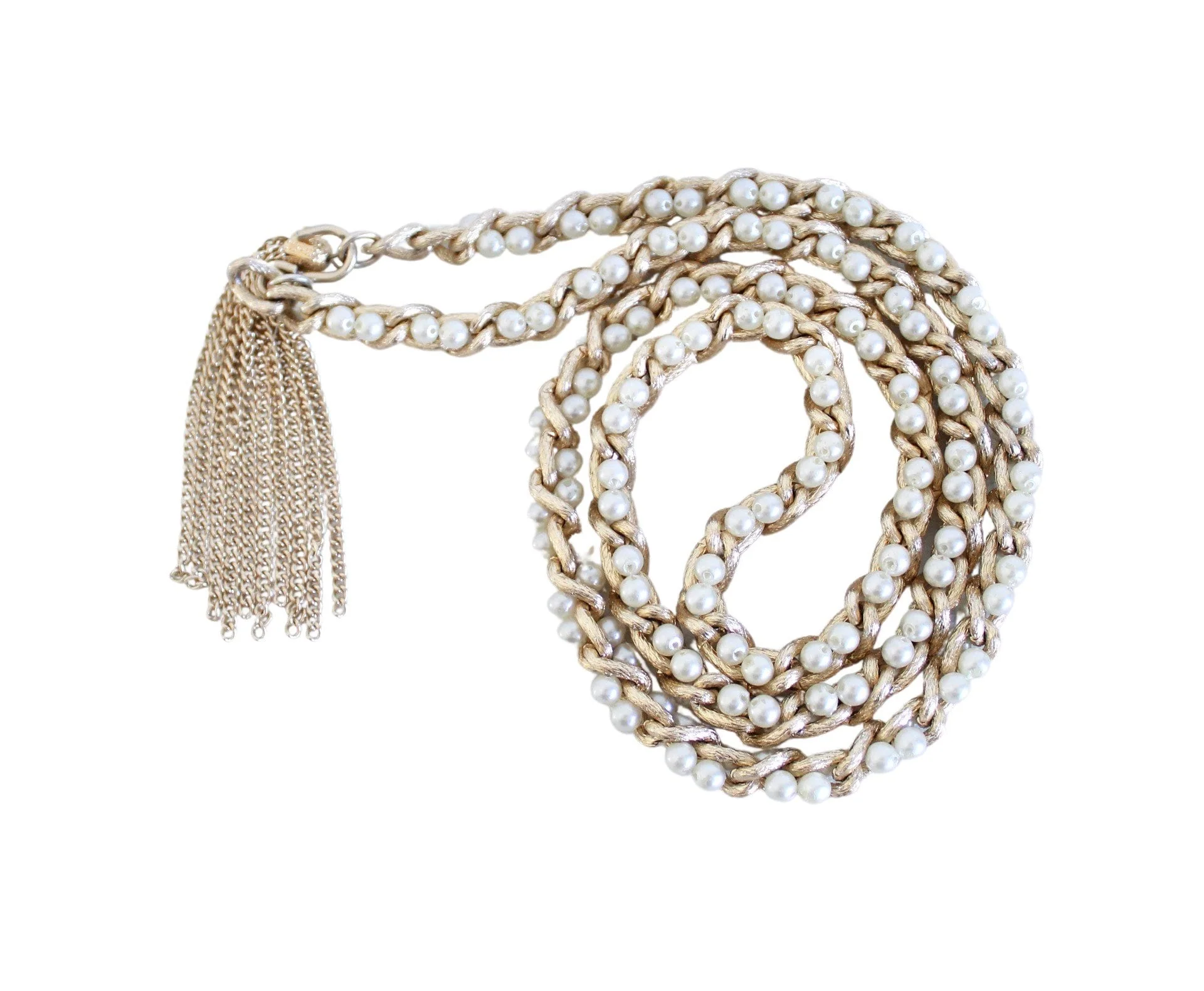 60s Brushed Gold and Faux Pearl Rope Belt - Image 2