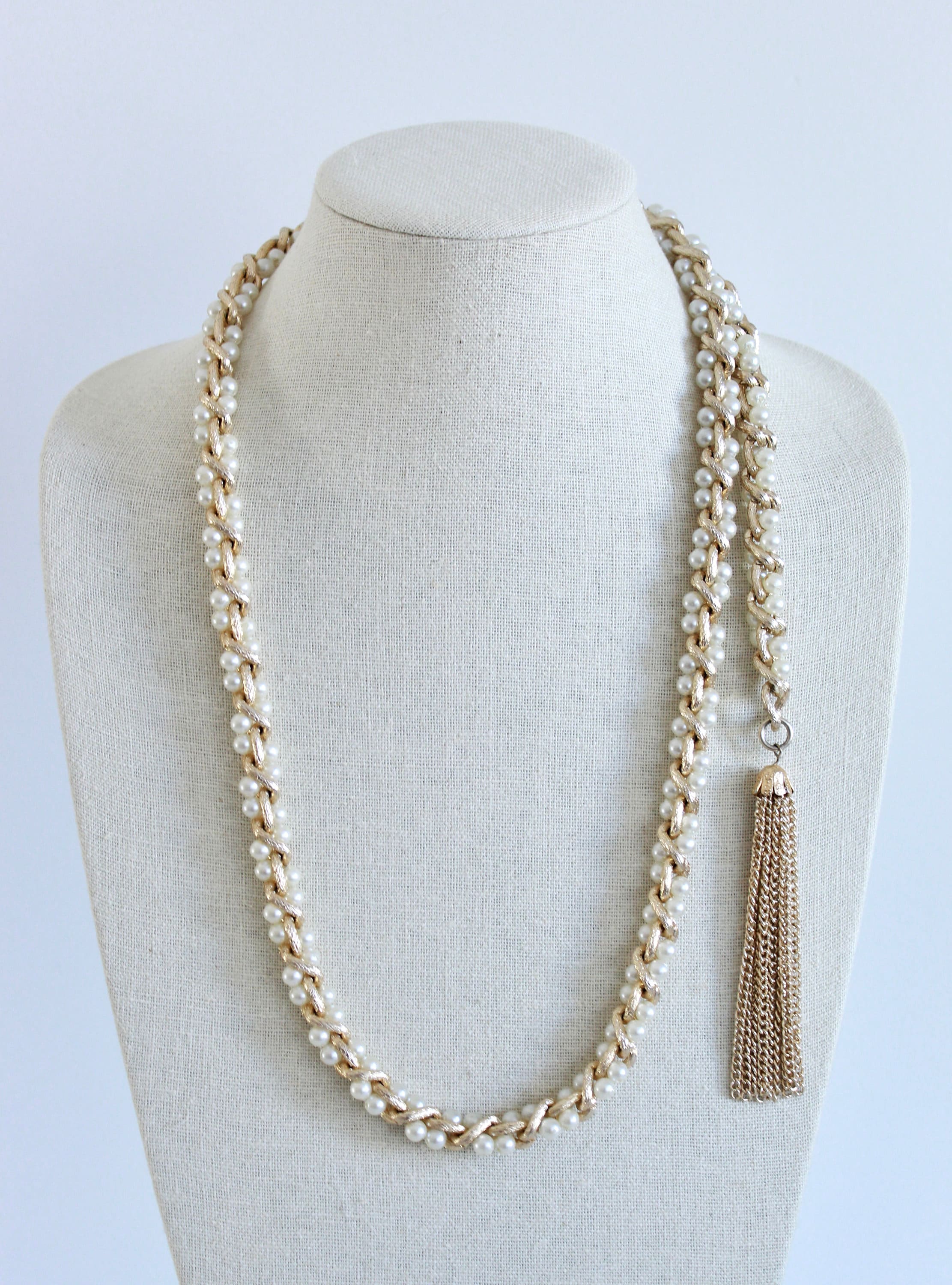 60s Brushed Gold and Faux Pearl Rope Belt - Image 4