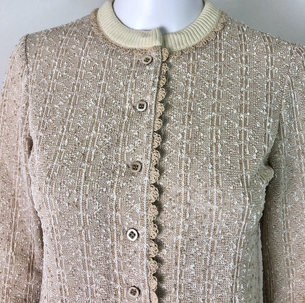 60s Camel and Cream Boucle Knit Skirt and Sweater Set by Leslie Fay - Image 4