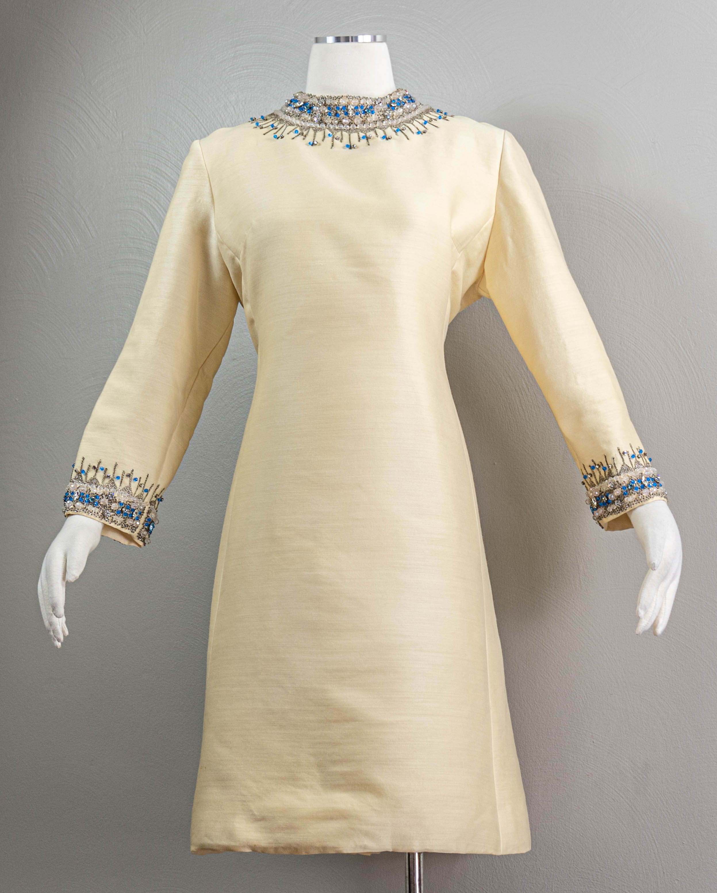 60s Chic Cream Wool Shift Dress Highly Embellished By Kanes - Image 3