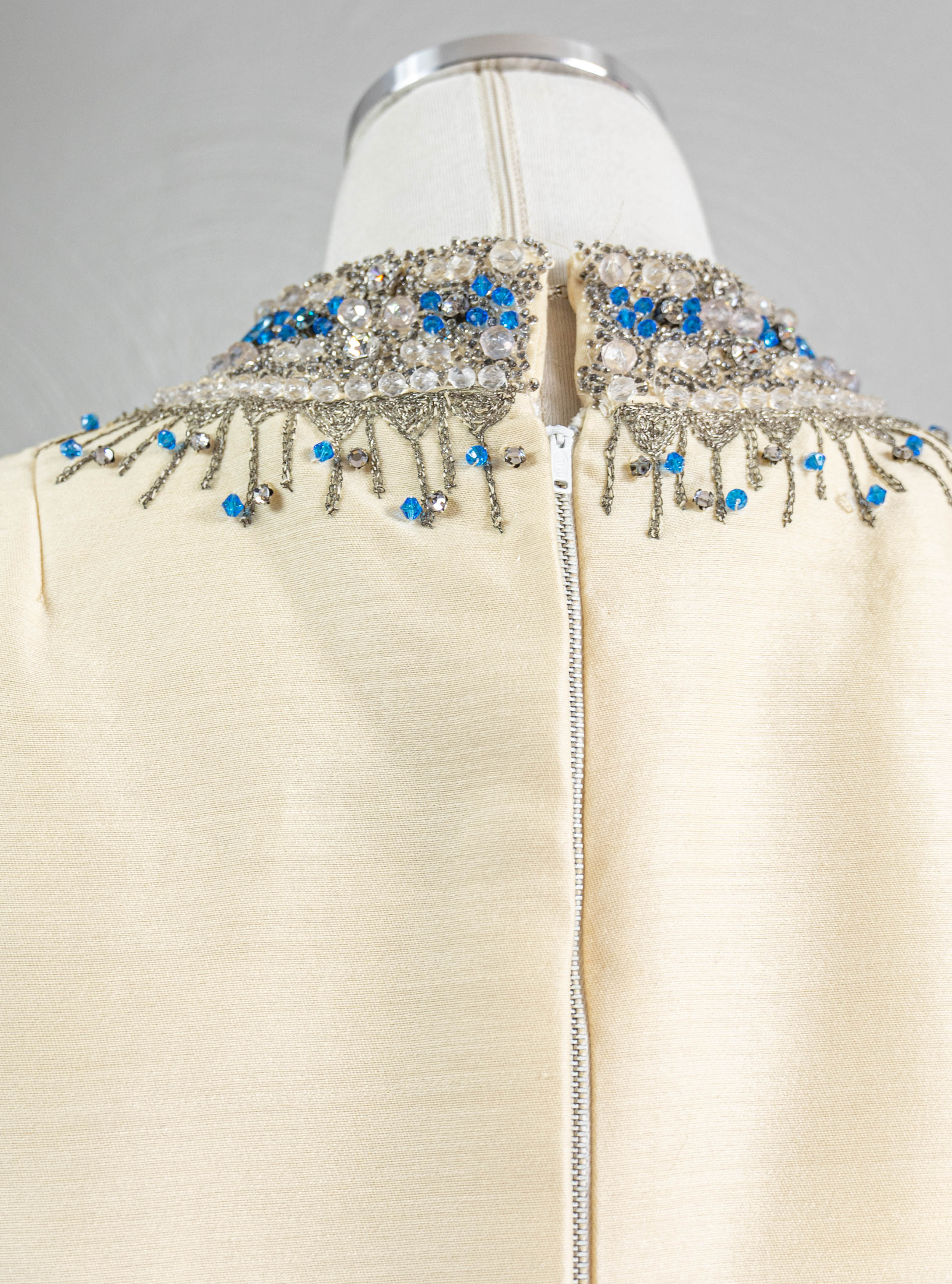 60s Chic Cream Wool Shift Dress Highly Embellished By Kanes - Image 8