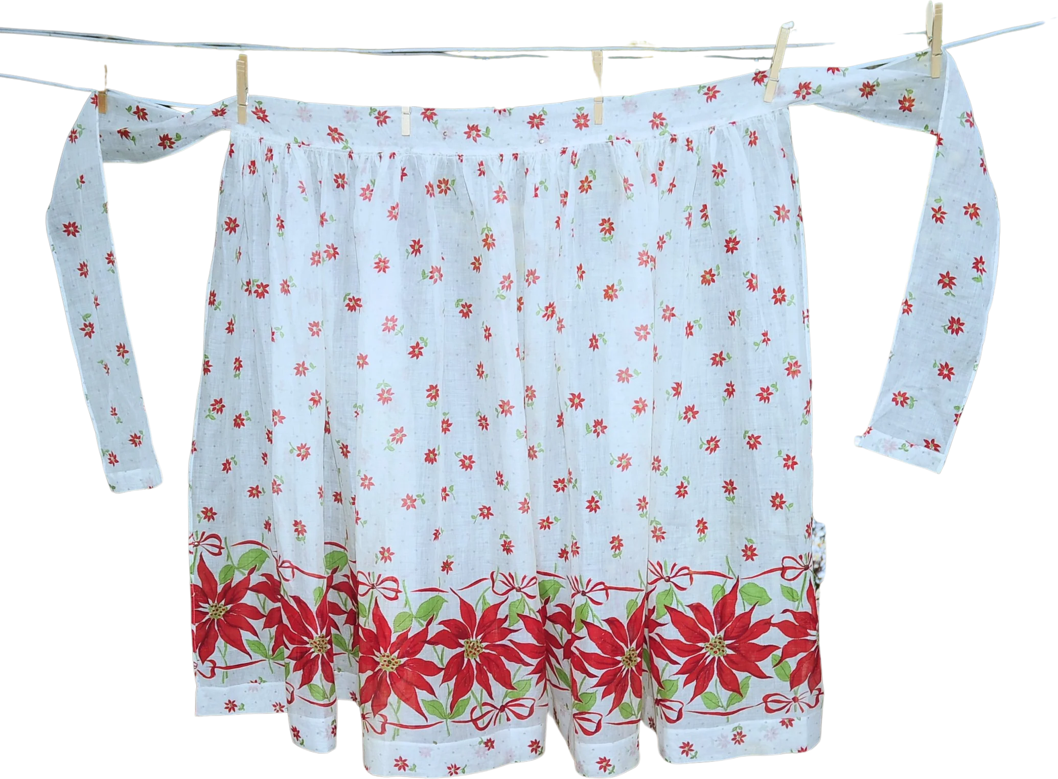 60s Christmas Apron Rare Long Midi Length Poinsettias