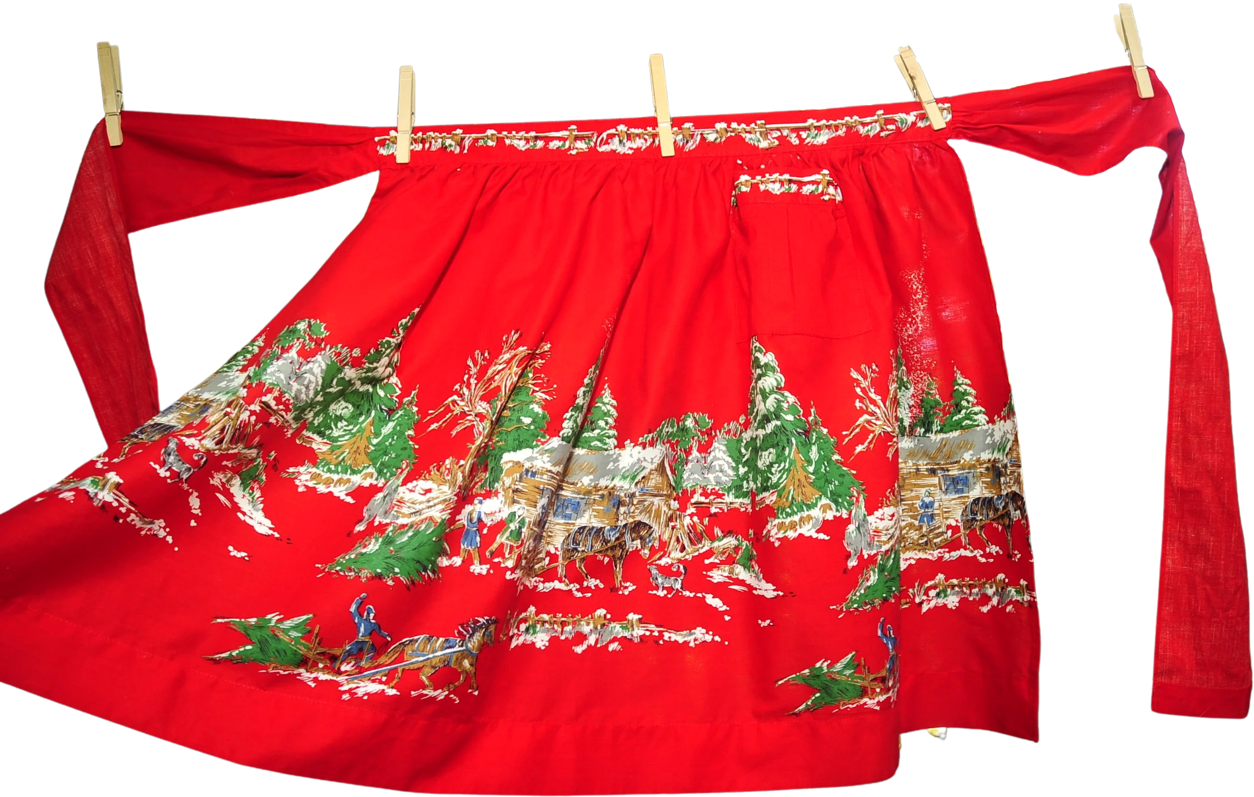60s Christmas Half Apron Country Cabin Christmas Trees - Image 2
