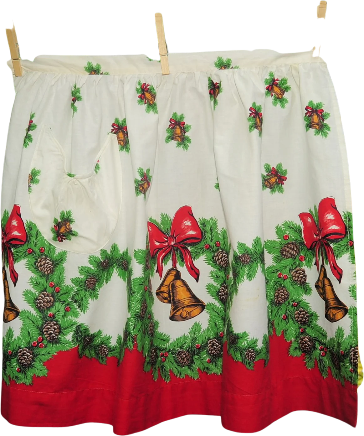 60s Christmas Half Apron Pinecone Wreath Bells Berries - Image 2
