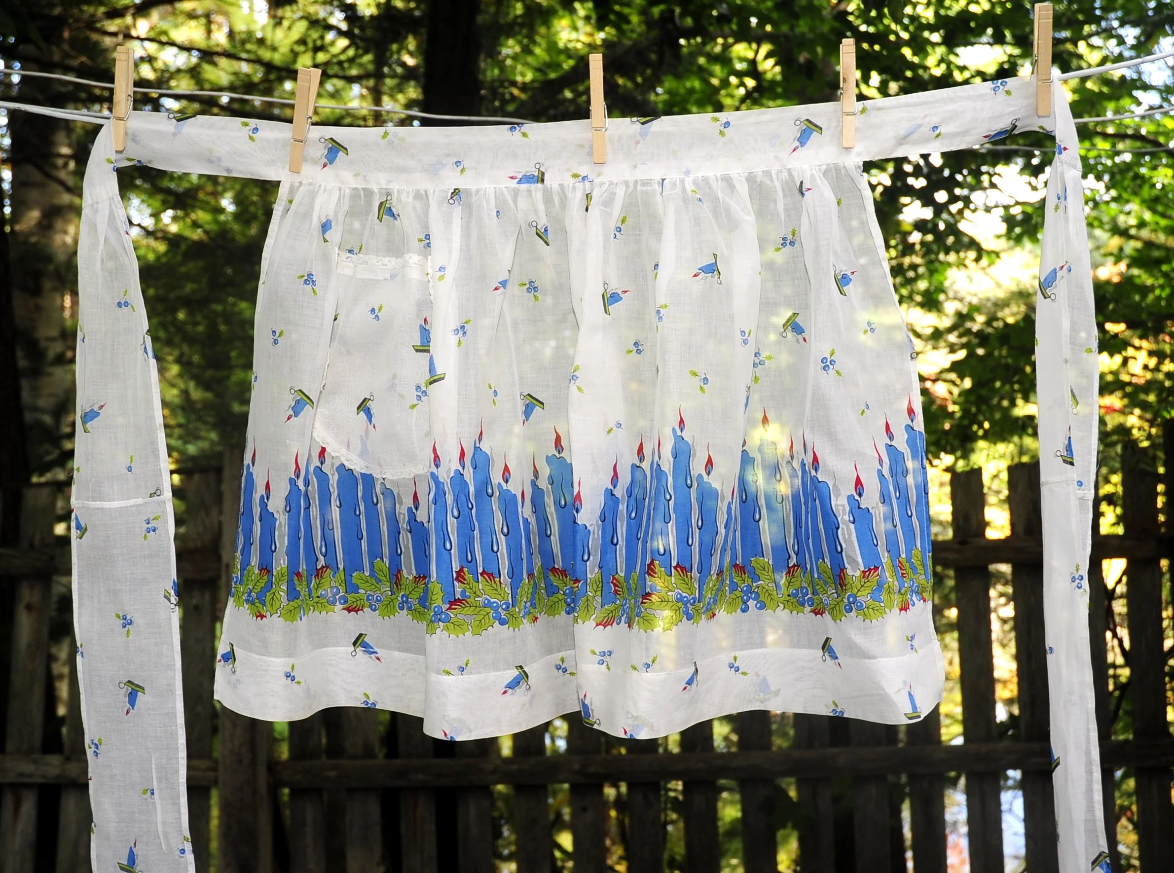 60s Christmas Hanukkah Fancy Half Apron Blue Candles - Image 4