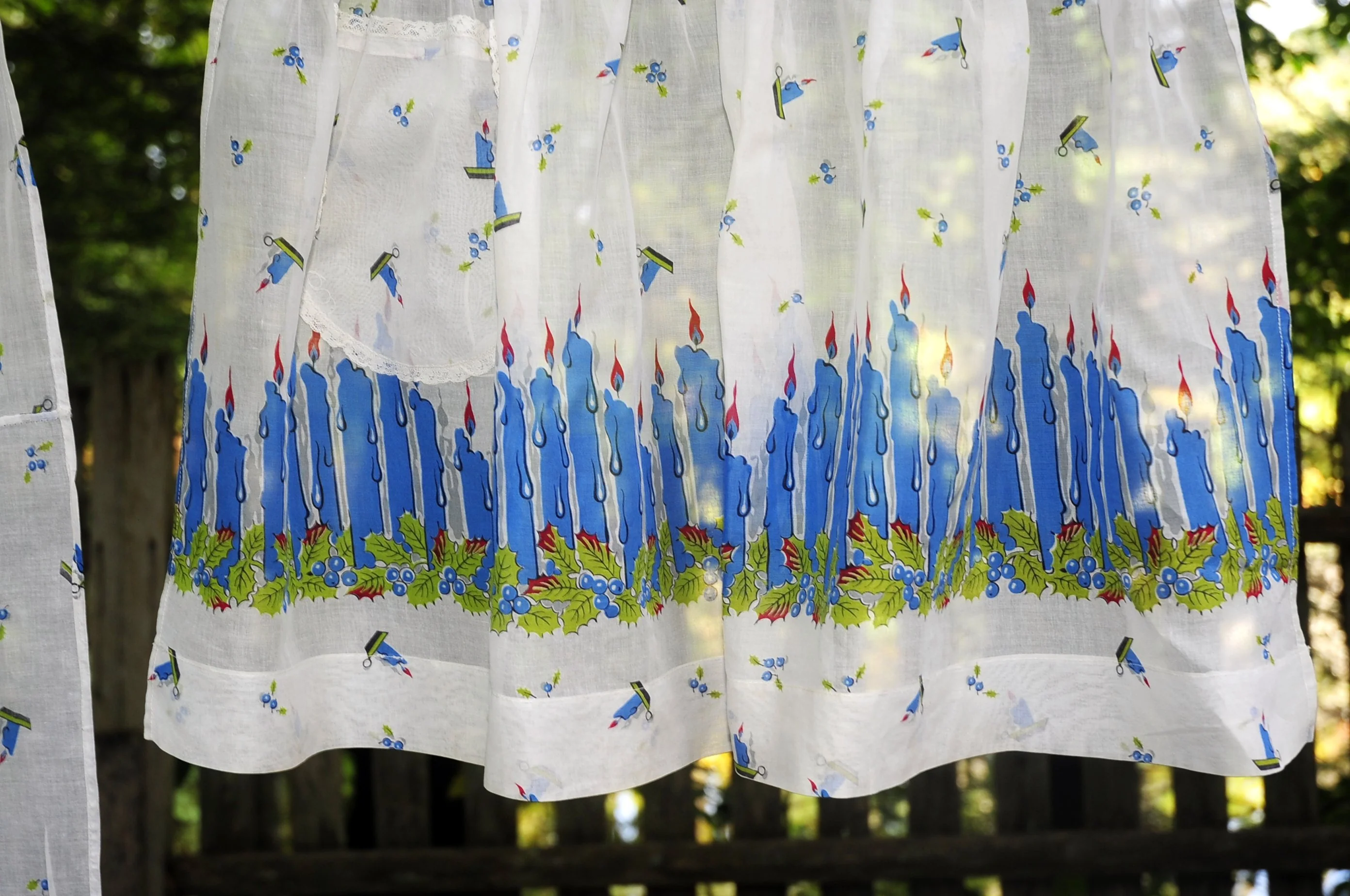 60s Christmas Hanukkah Fancy Half Apron Blue Candles - Image 5