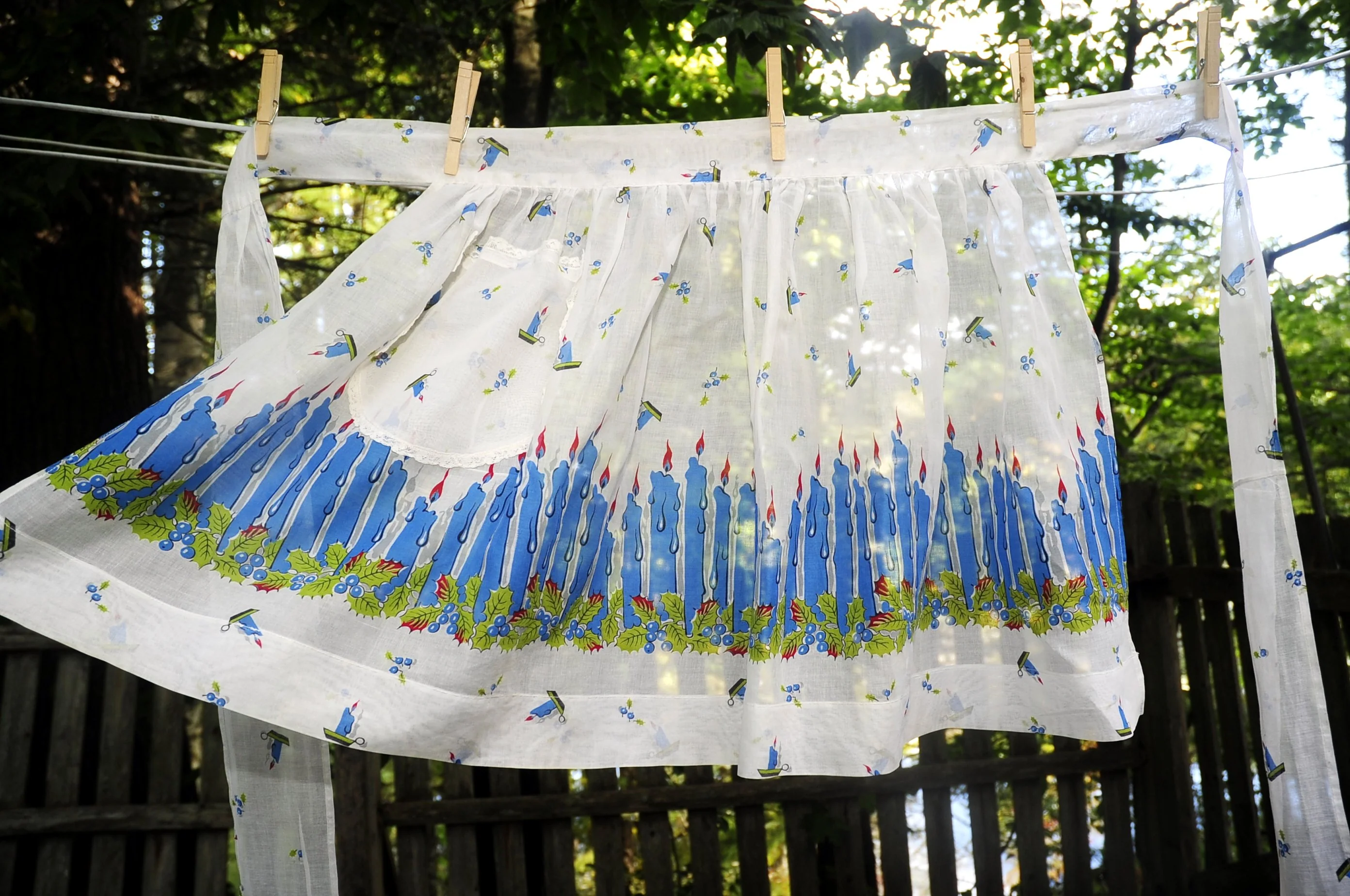 60s Christmas Hanukkah Fancy Half Apron Blue Candles - Image 8