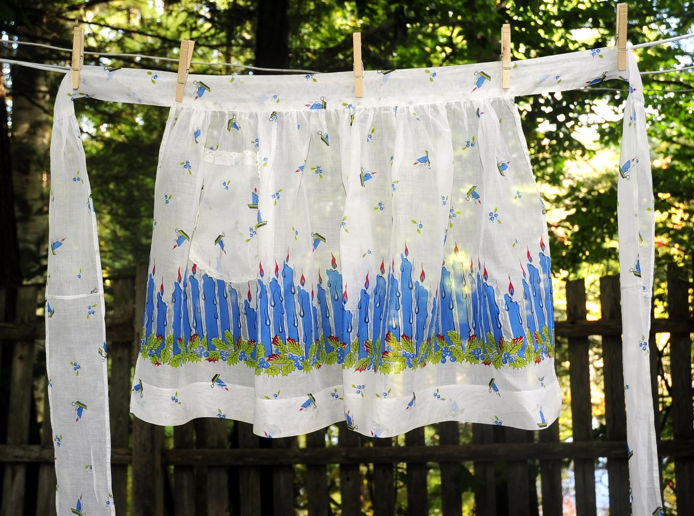 60s Christmas Hanukkah Fancy Half Apron Blue Candles - Image 9