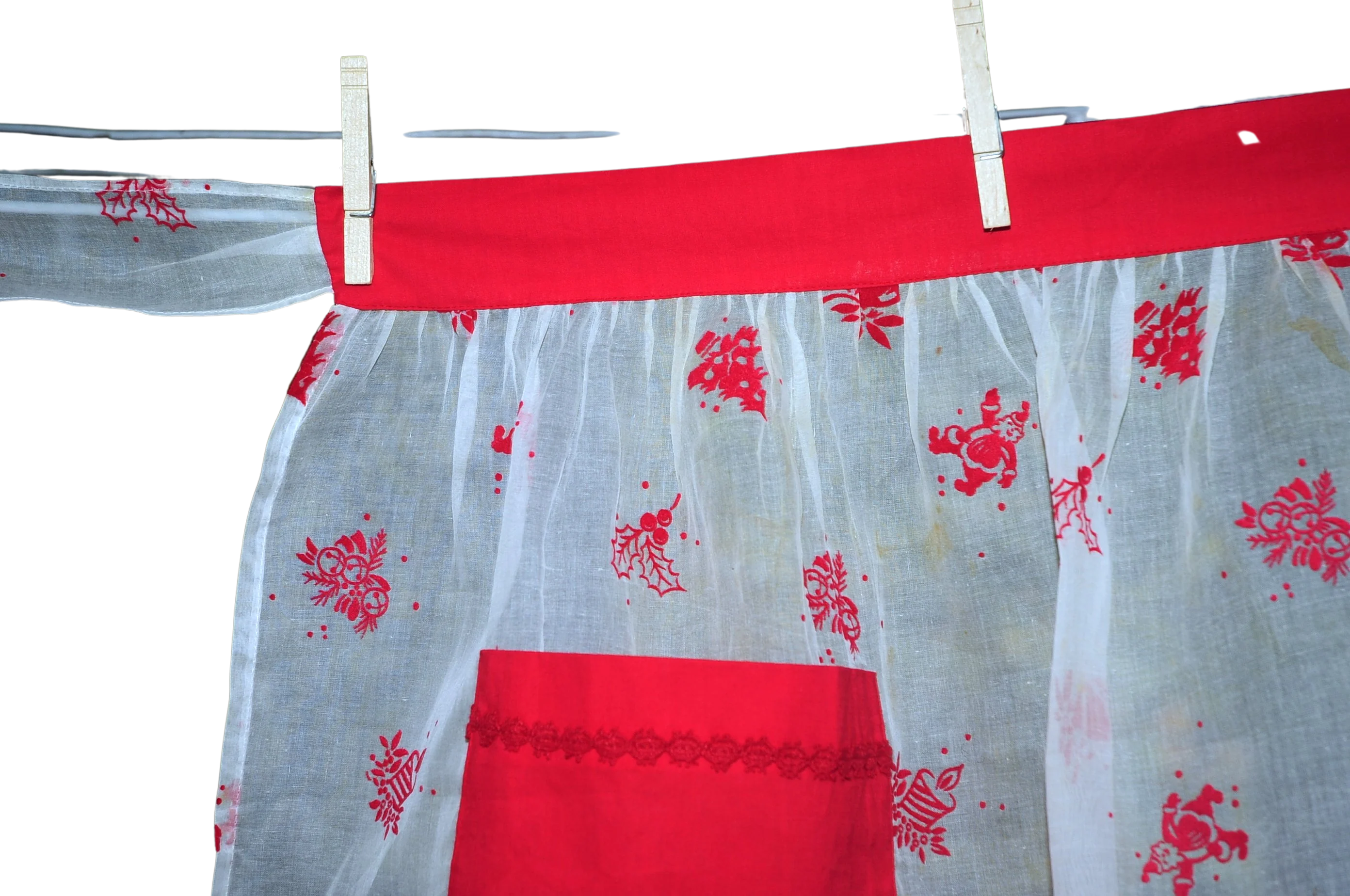 60s Christmas Red Flocked Apron Ornaments Candles Tree - Image 2