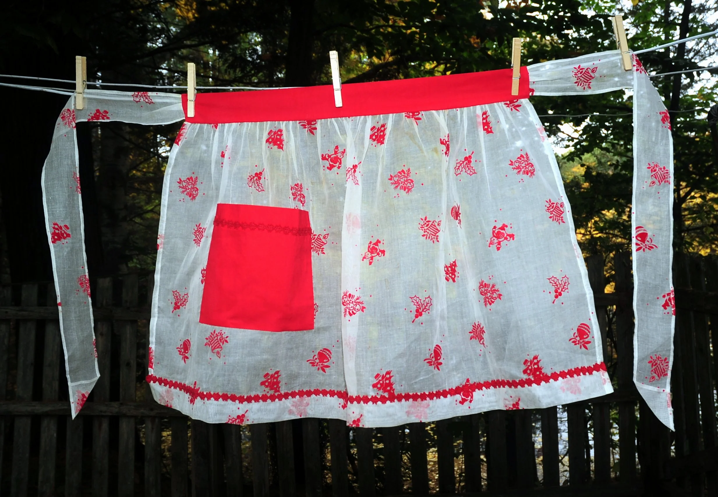 60s Christmas Red Flocked Apron Ornaments Candles Tree - Image 3