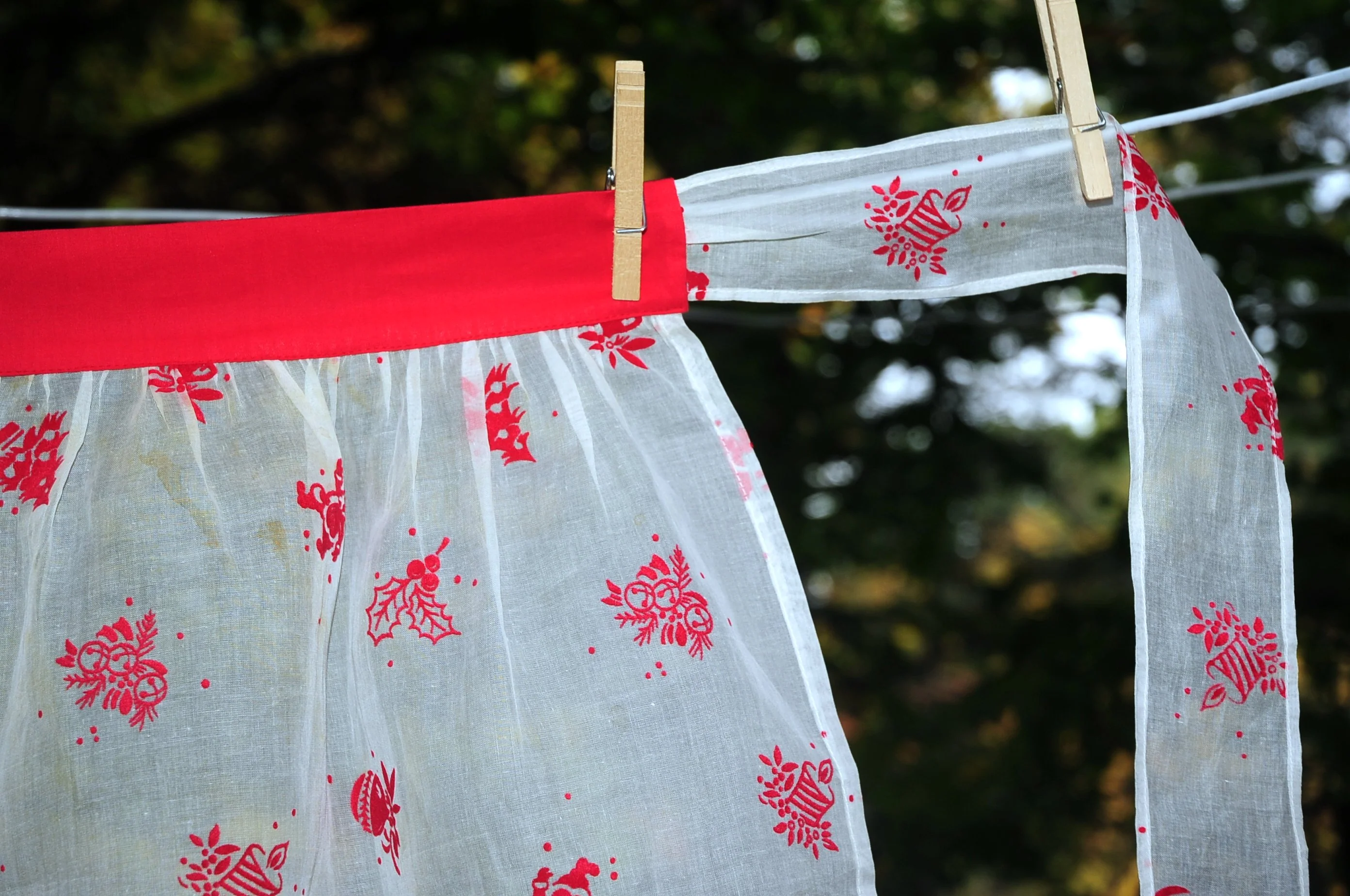 60s Christmas Red Flocked Apron Ornaments Candles Tree - Image 5