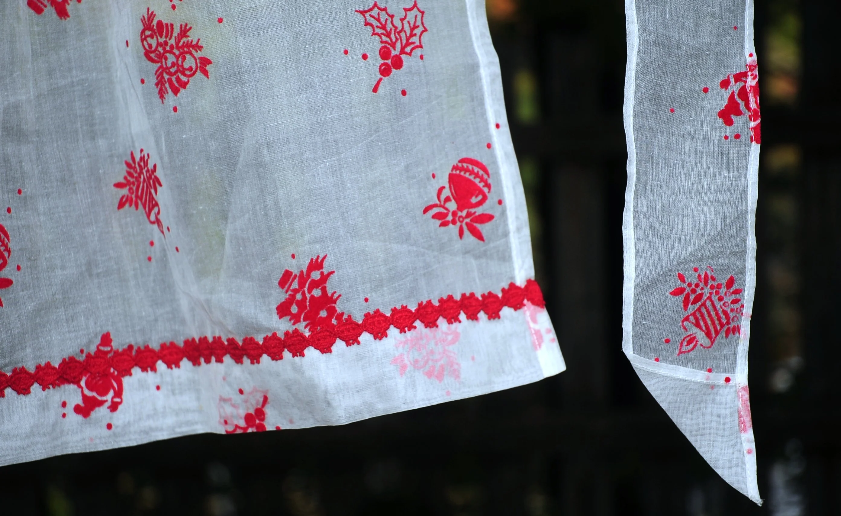 60s Christmas Red Flocked Apron Ornaments Candles Tree - Image 7