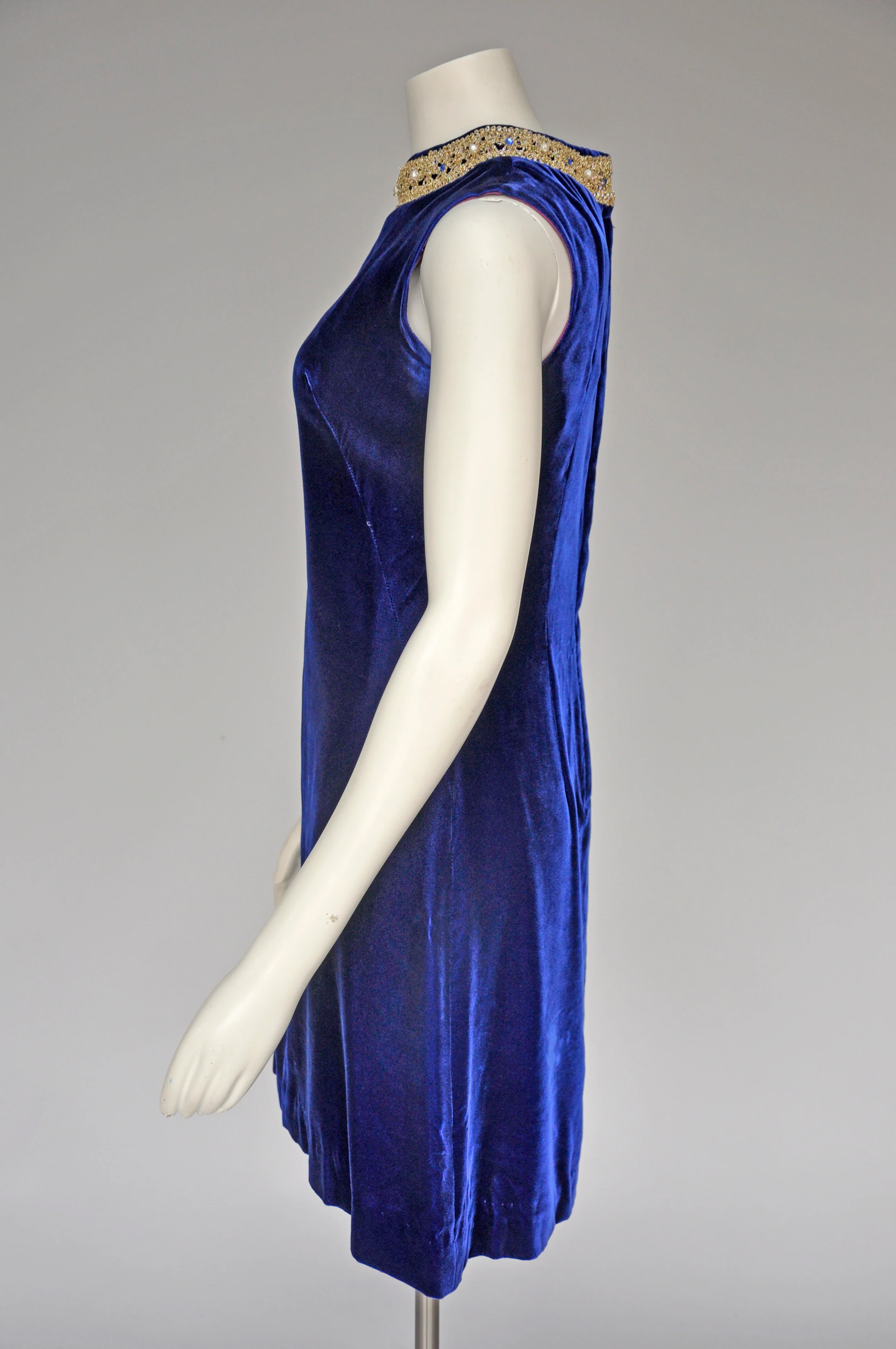 60s Cobalt Blue Velvet Mod Dress With Jeweled Collar - Image 5