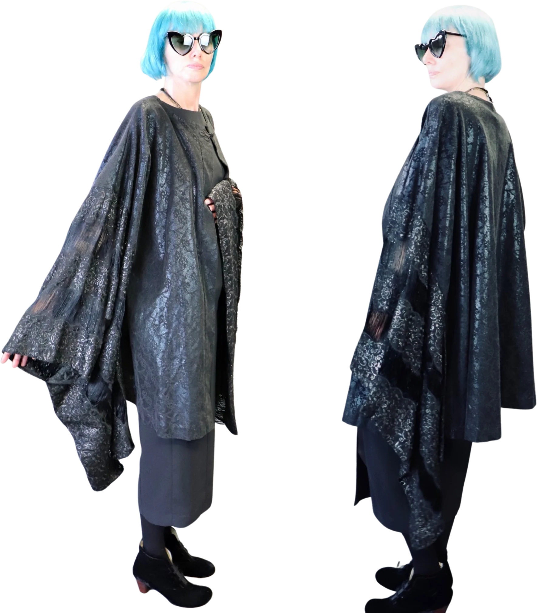 60s Couture Black Brocade Robe With Kimono Style Sleeves - Image 2