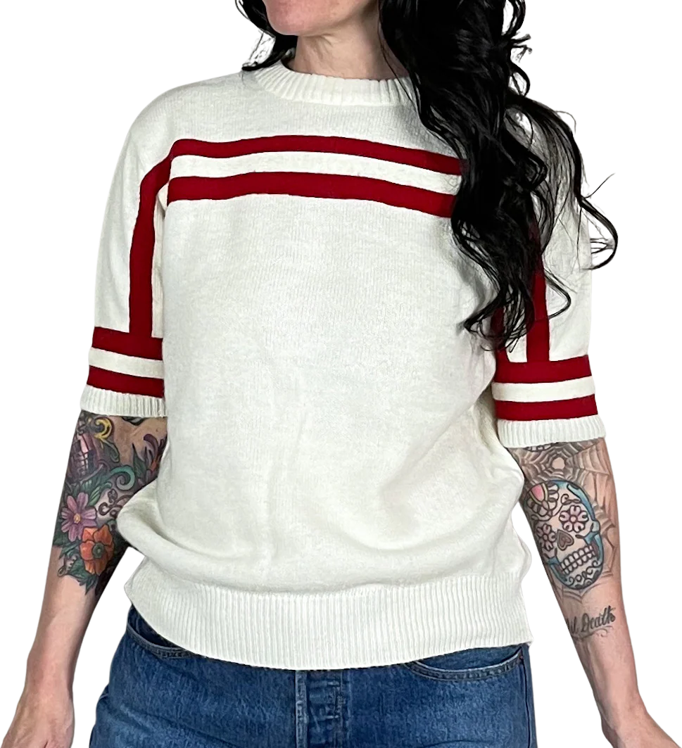 60s Cream Short Sleeve Stripe Sweater By Dehen Knitting Co