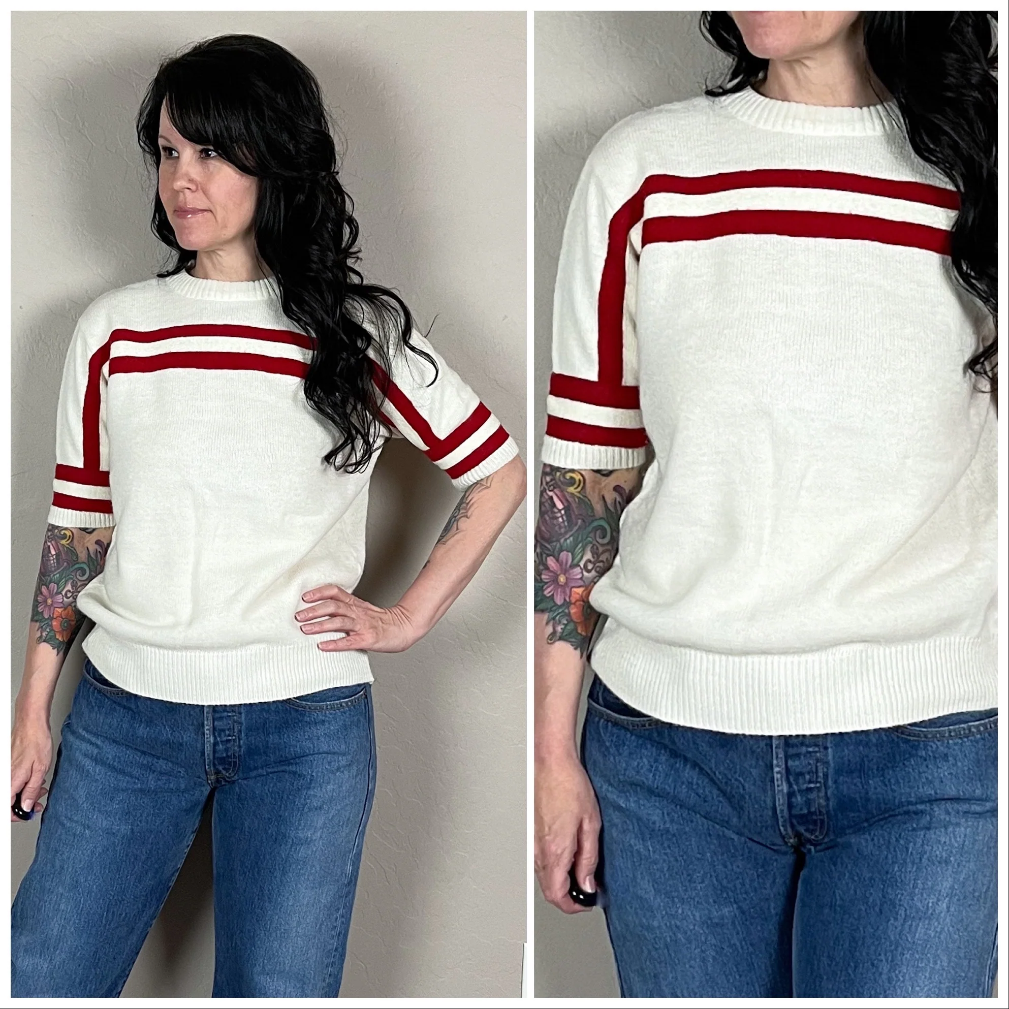 60s Cream Short Sleeve Stripe Sweater By Dehen Knitting Co - Image 2