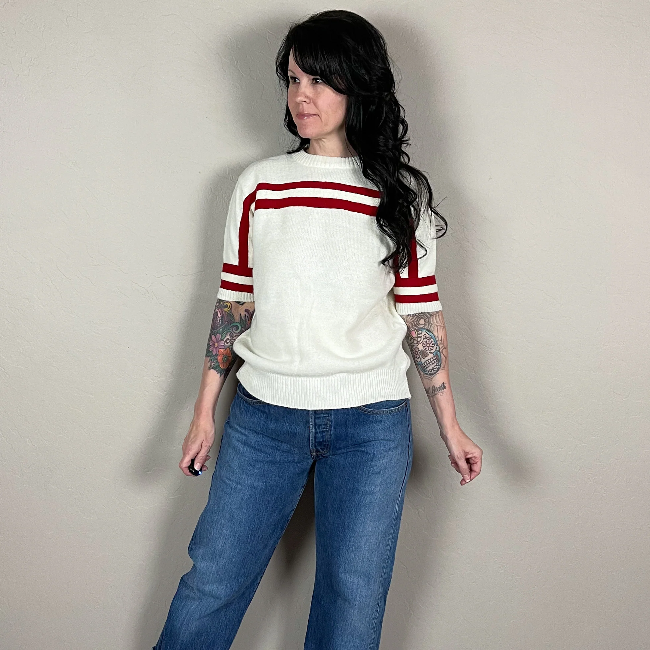 60s Cream Short Sleeve Stripe Sweater By Dehen Knitting Co - Image 5