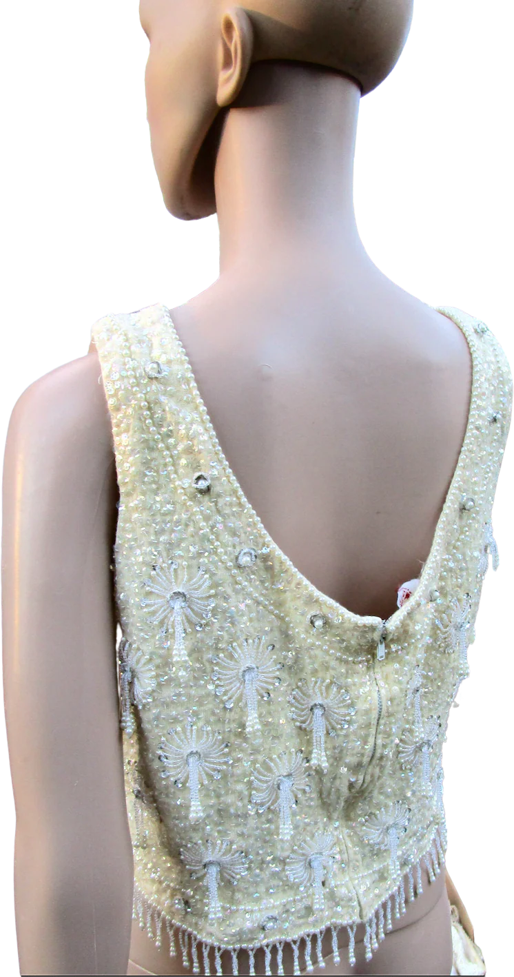 50s/60s Creamy Yellow Bead And Sequin Cocktail Sweater Shell By Hong Kong - Image 2