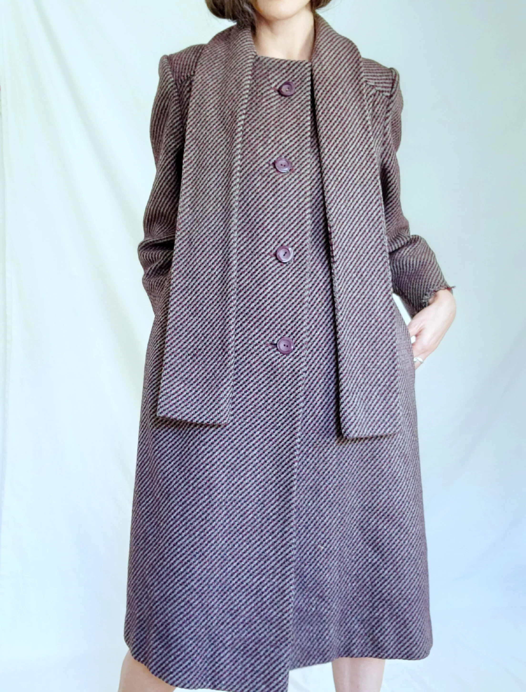 60s Dark Academia Wine Wool Tweed Tie Neck Scarf Coat By Bromleigh - Image 3