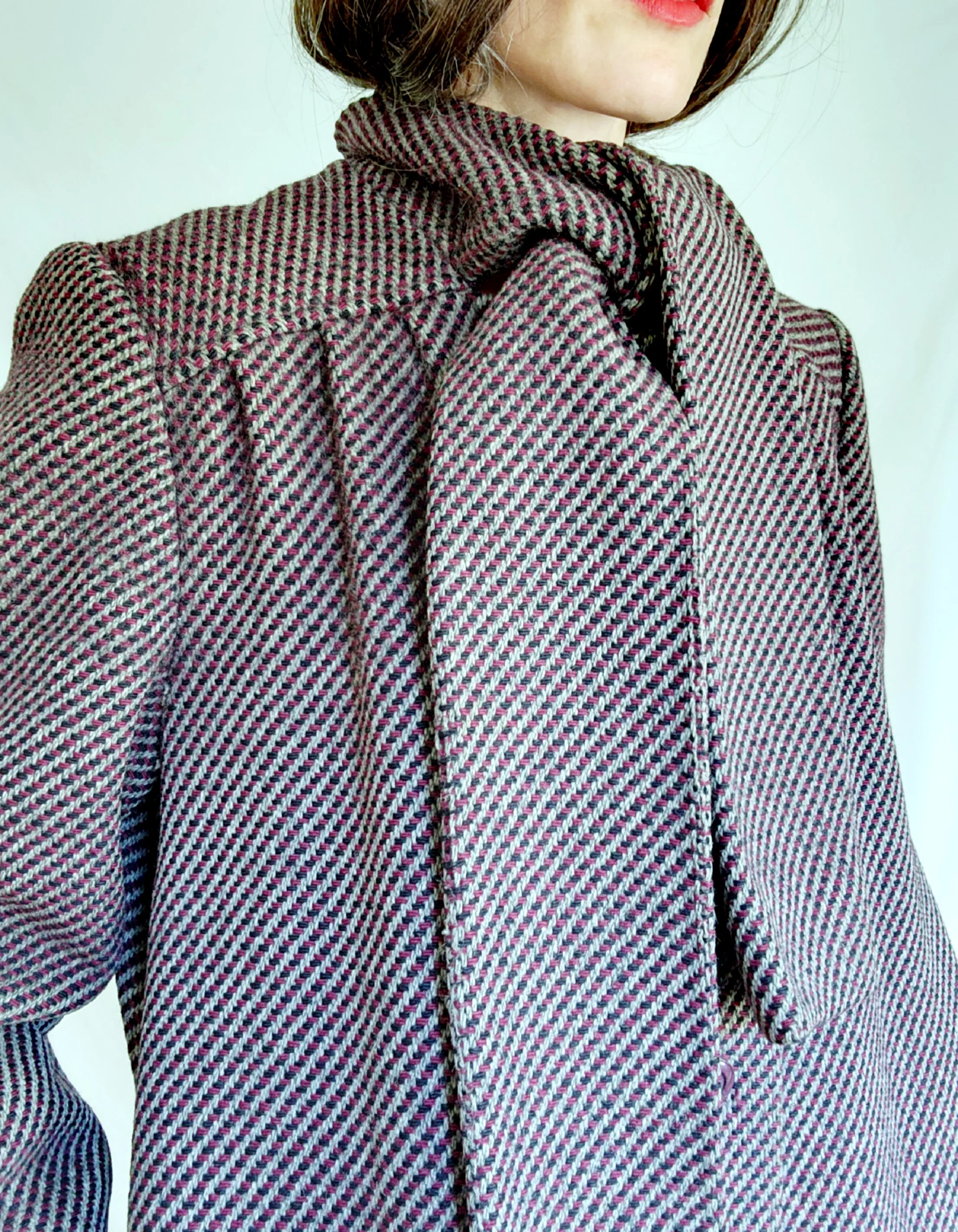60s Dark Academia Wine Wool Tweed Tie Neck Scarf Coat By Bromleigh - Image 4