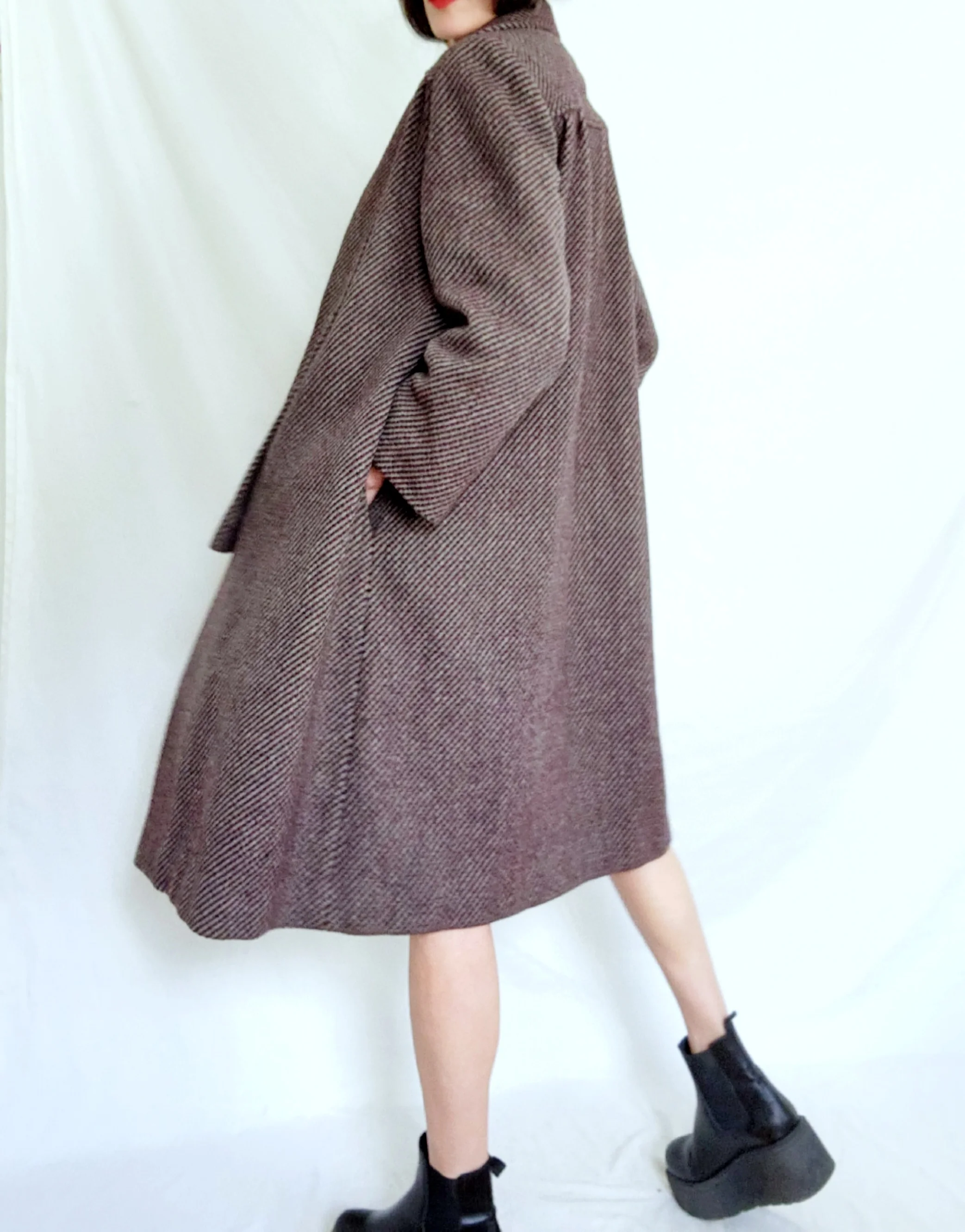 60s Dark Academia Wine Wool Tweed Tie Neck Scarf Coat By Bromleigh - Image 5
