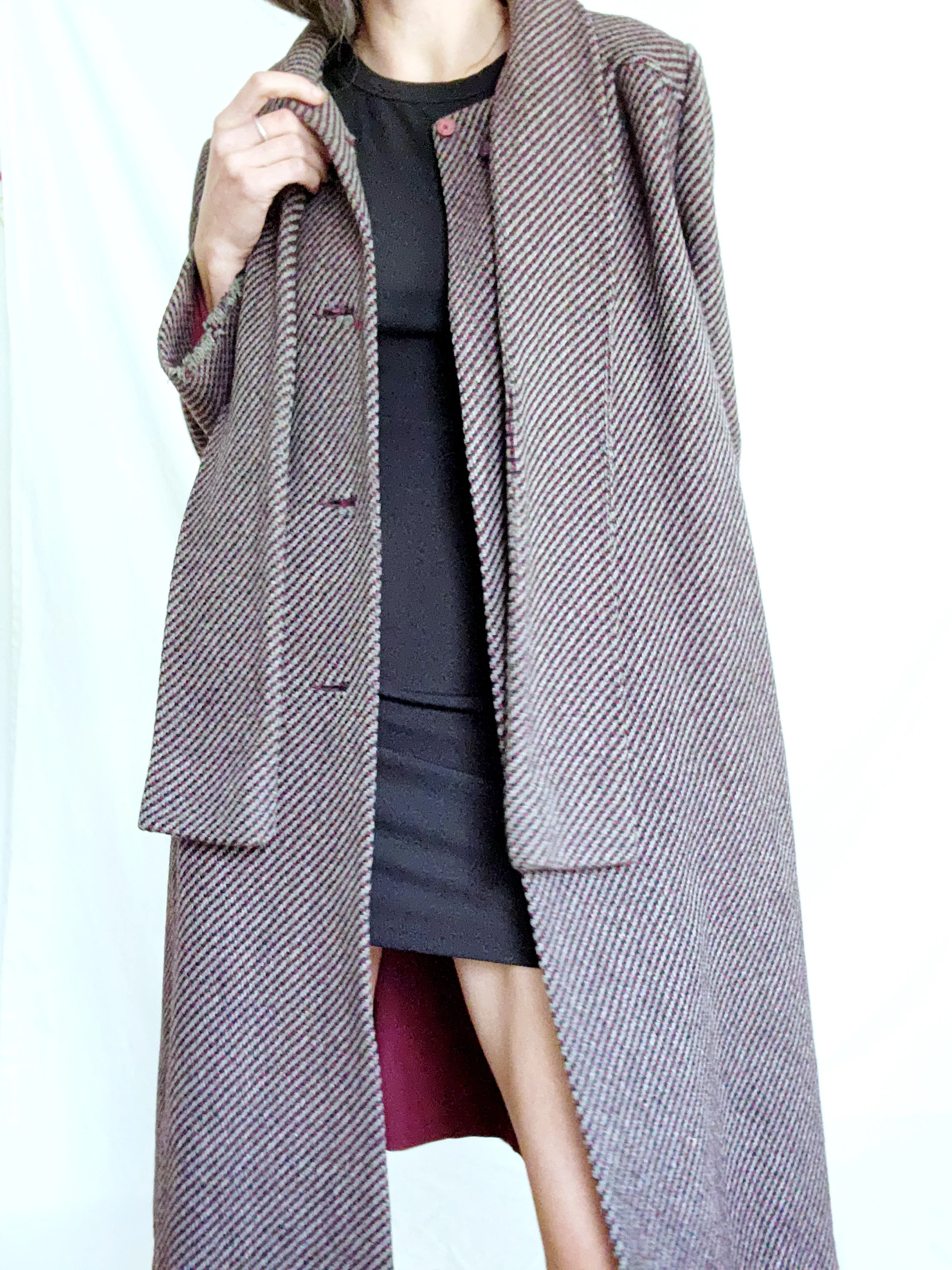 60s Dark Academia Wine Wool Tweed Tie Neck Scarf Coat By Bromleigh - Image 7