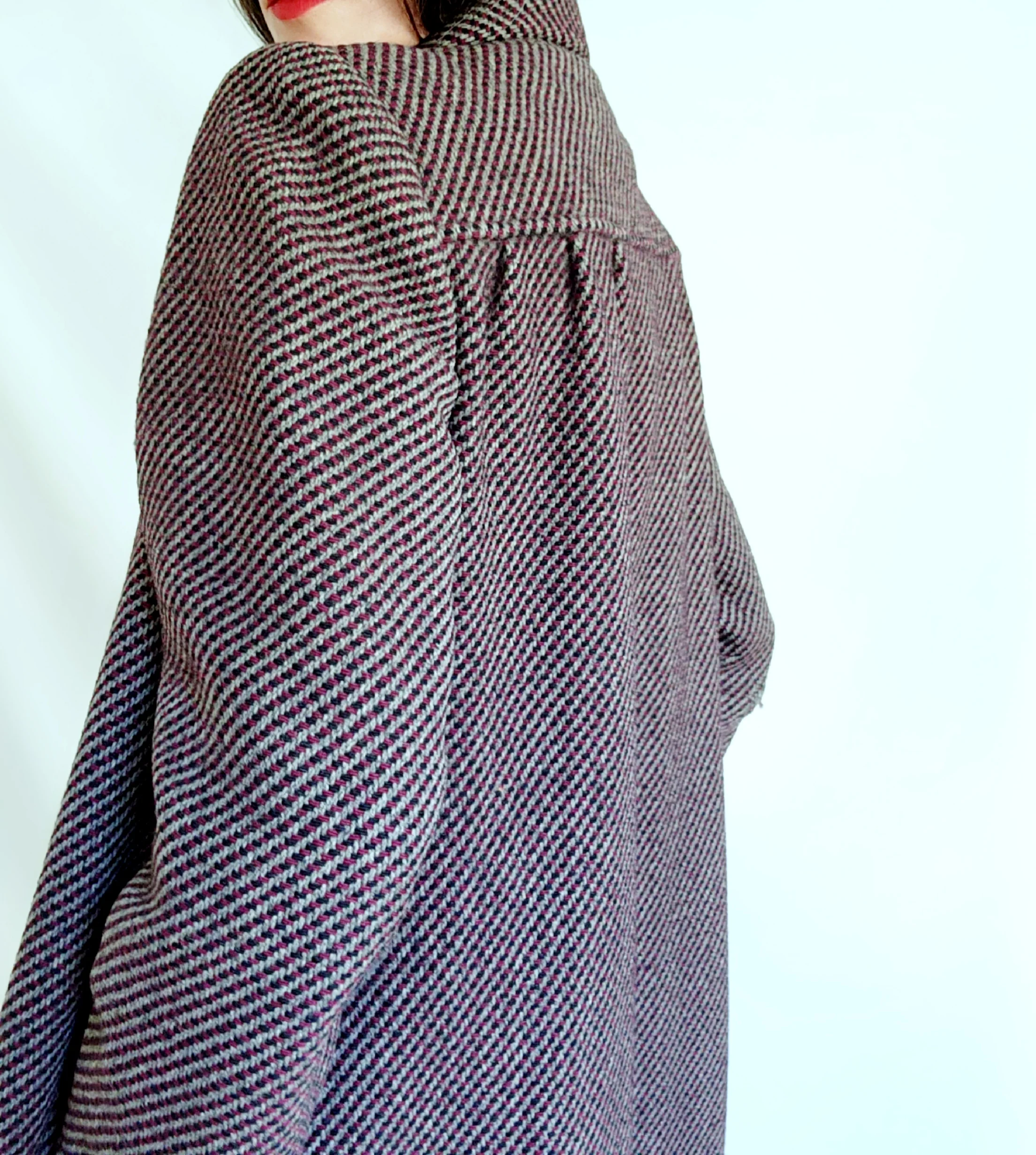 60s Dark Academia Wine Wool Tweed Tie Neck Scarf Coat By Bromleigh - Image 9