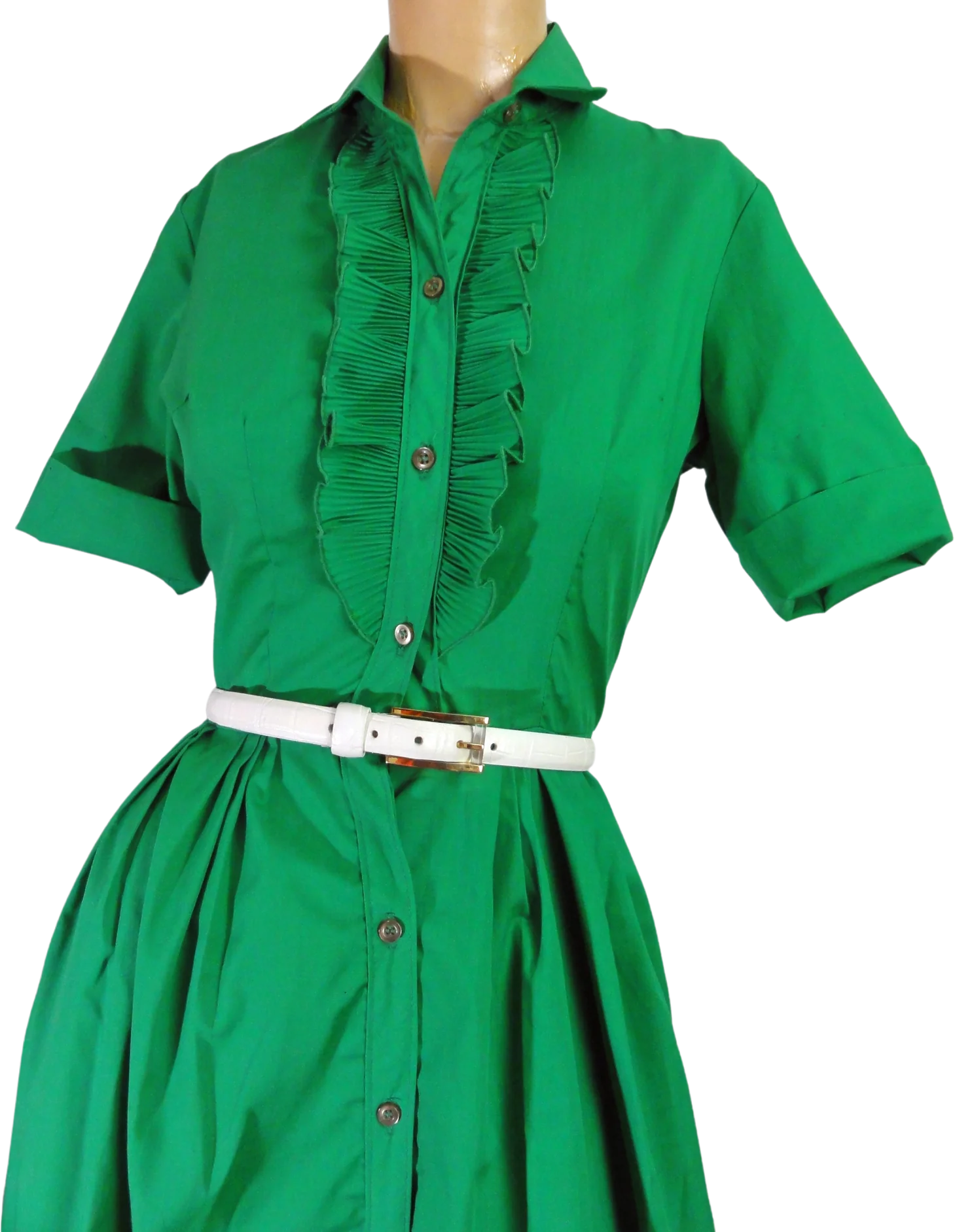 60s Day Dress Shirtwaist Ruffled Kelly Green Petite S By Carol Brent - Image 2