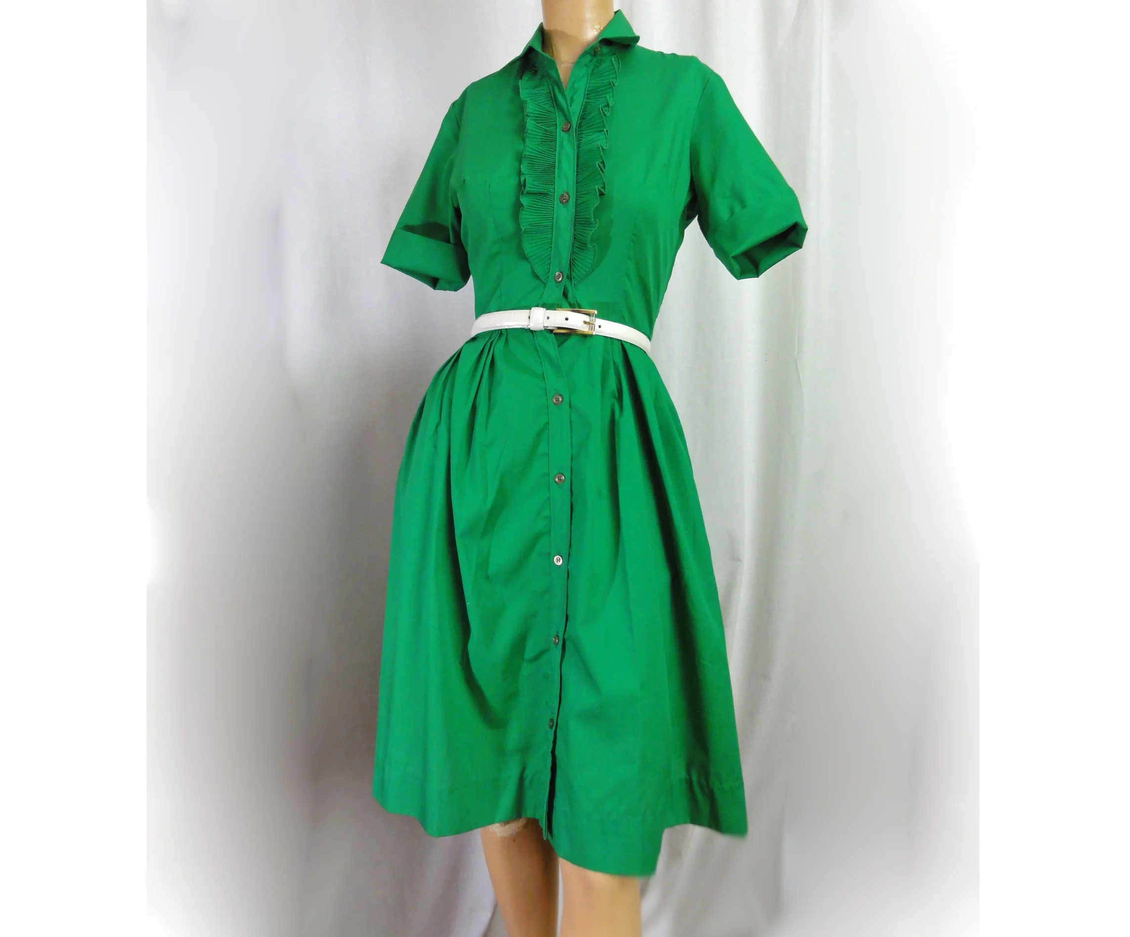 60s Day Dress Shirtwaist Ruffled Kelly Green Petite S By Carol Brent - Image 3
