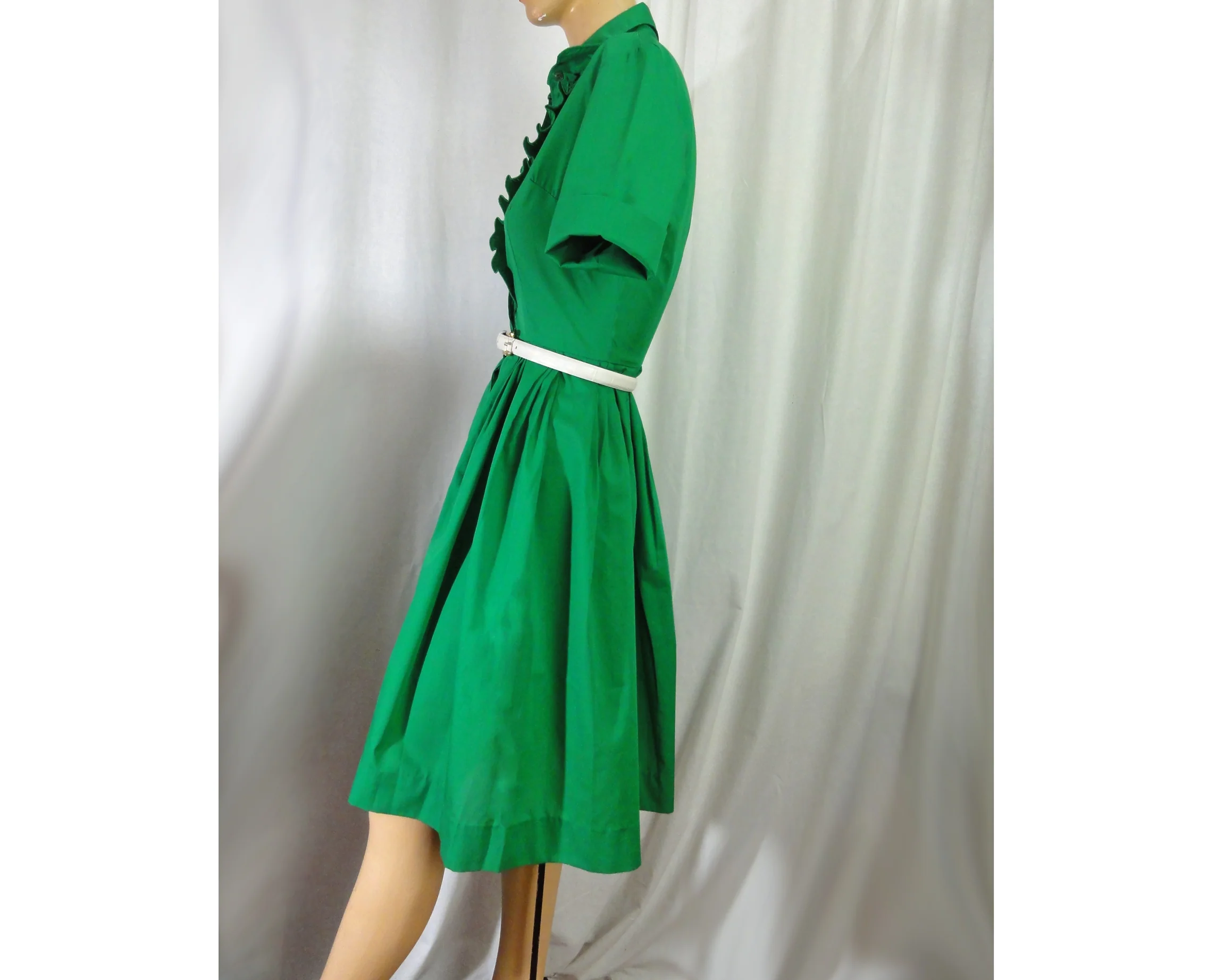 60s Day Dress Shirtwaist Ruffled Kelly Green Petite S By Carol Brent - Image 4