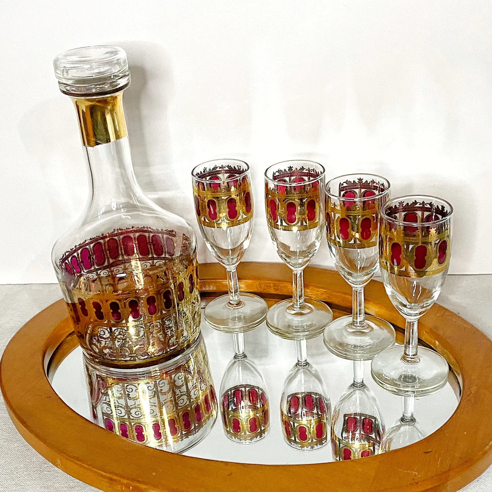 60s Decanter Wine Glass Set Cranberry Scroll Barware By Culver Glass - Image 4