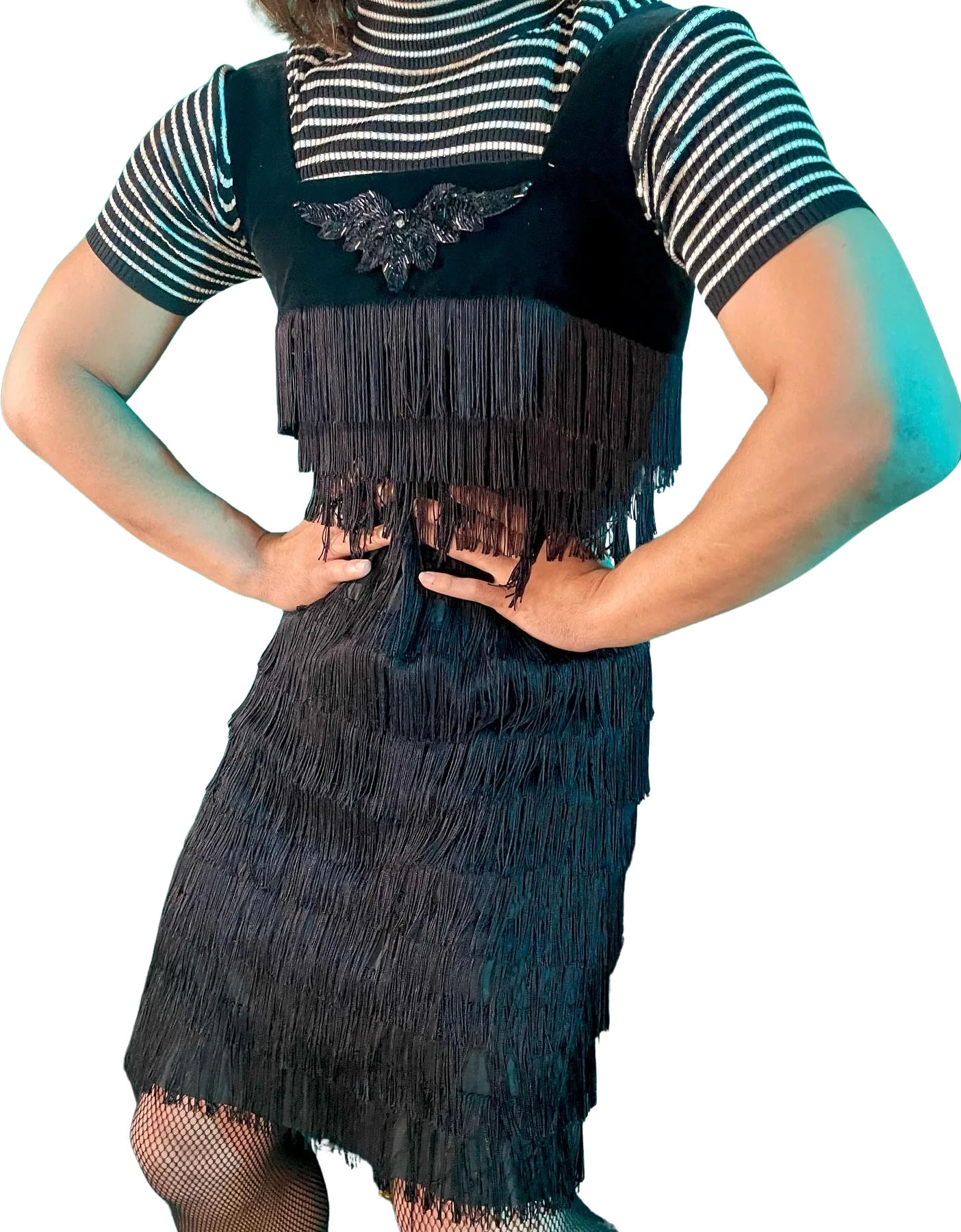 60s Does 20s Handmade Black Embellished Fringe Dress