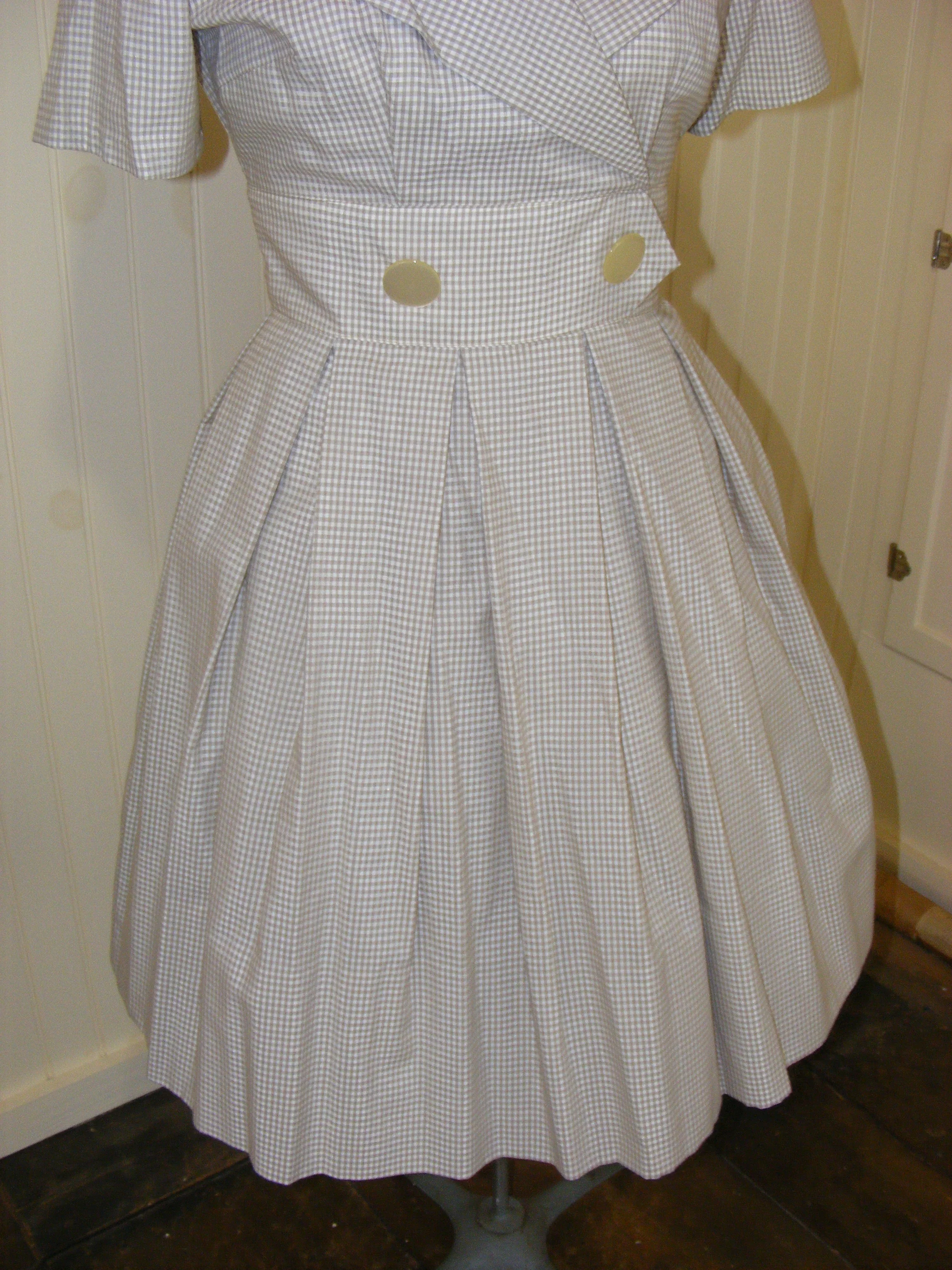 60s Dress Tan Check Wide Wrap Collar Flat Pleat Skirt - Image 4