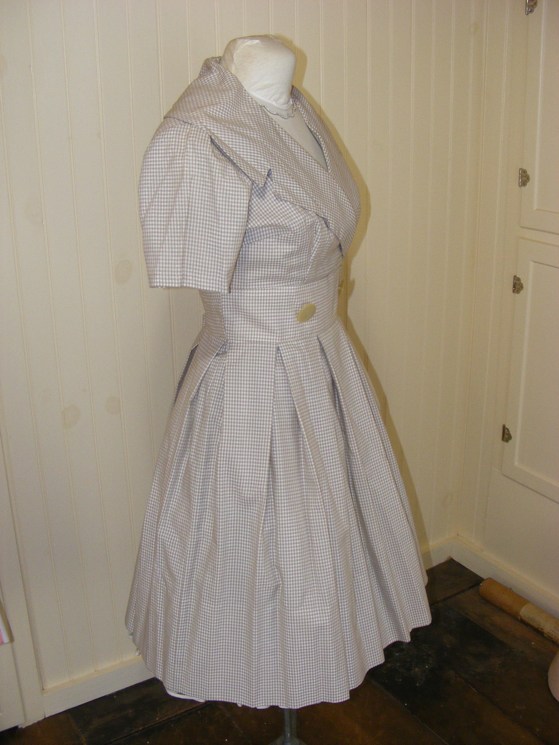 60s Dress Tan Check Wide Wrap Collar Flat Pleat Skirt - Image 7