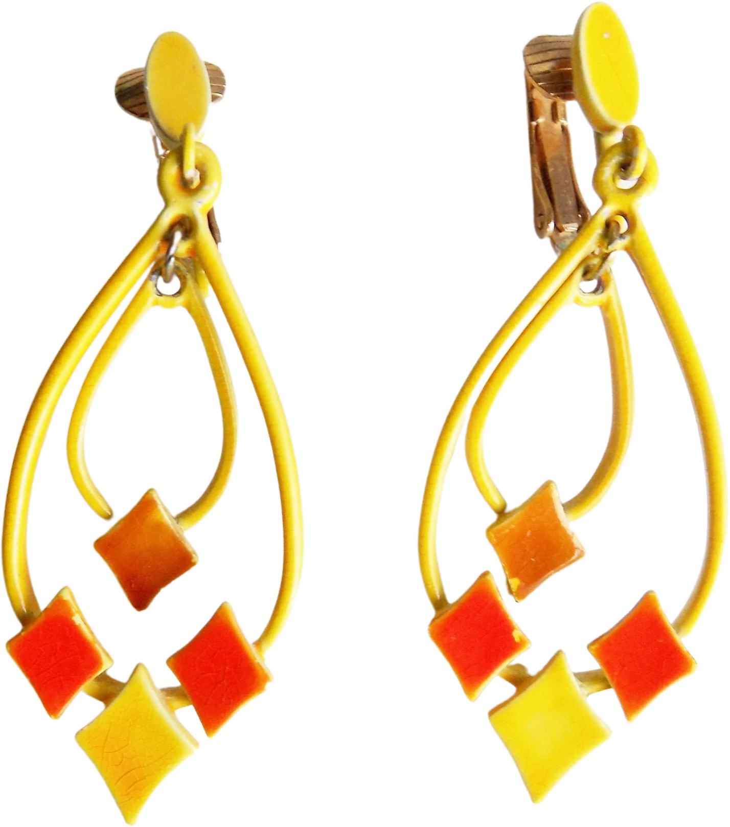 60s Enamel Clip On Dangle Earrings Yellow Orange Twiggy Hippie Mod