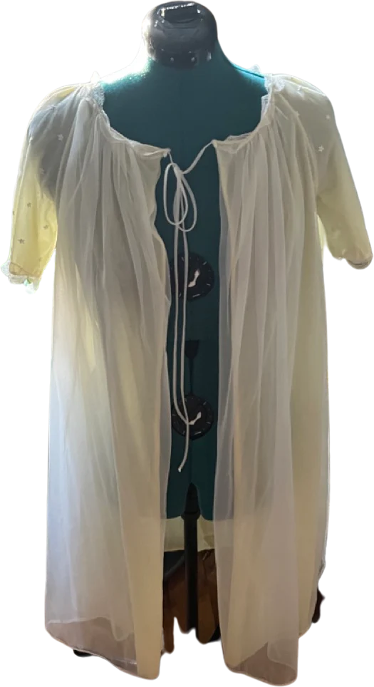 60s Ethereal Yellow And White Sheer Nightgown With Tie By Gotham Lingerie