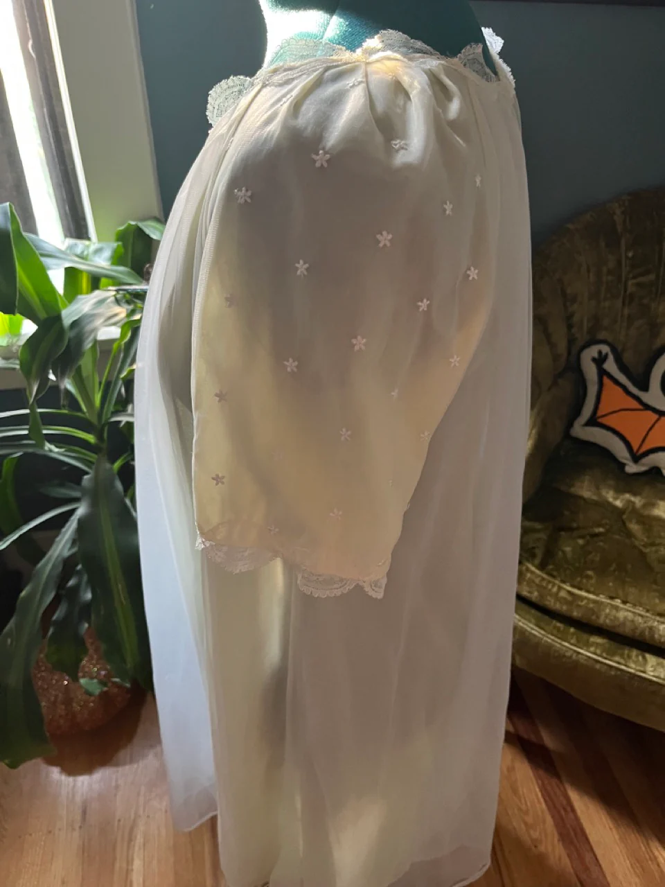 60s Ethereal Yellow And White Sheer Nightgown With Tie By Gotham Lingerie - Image 6