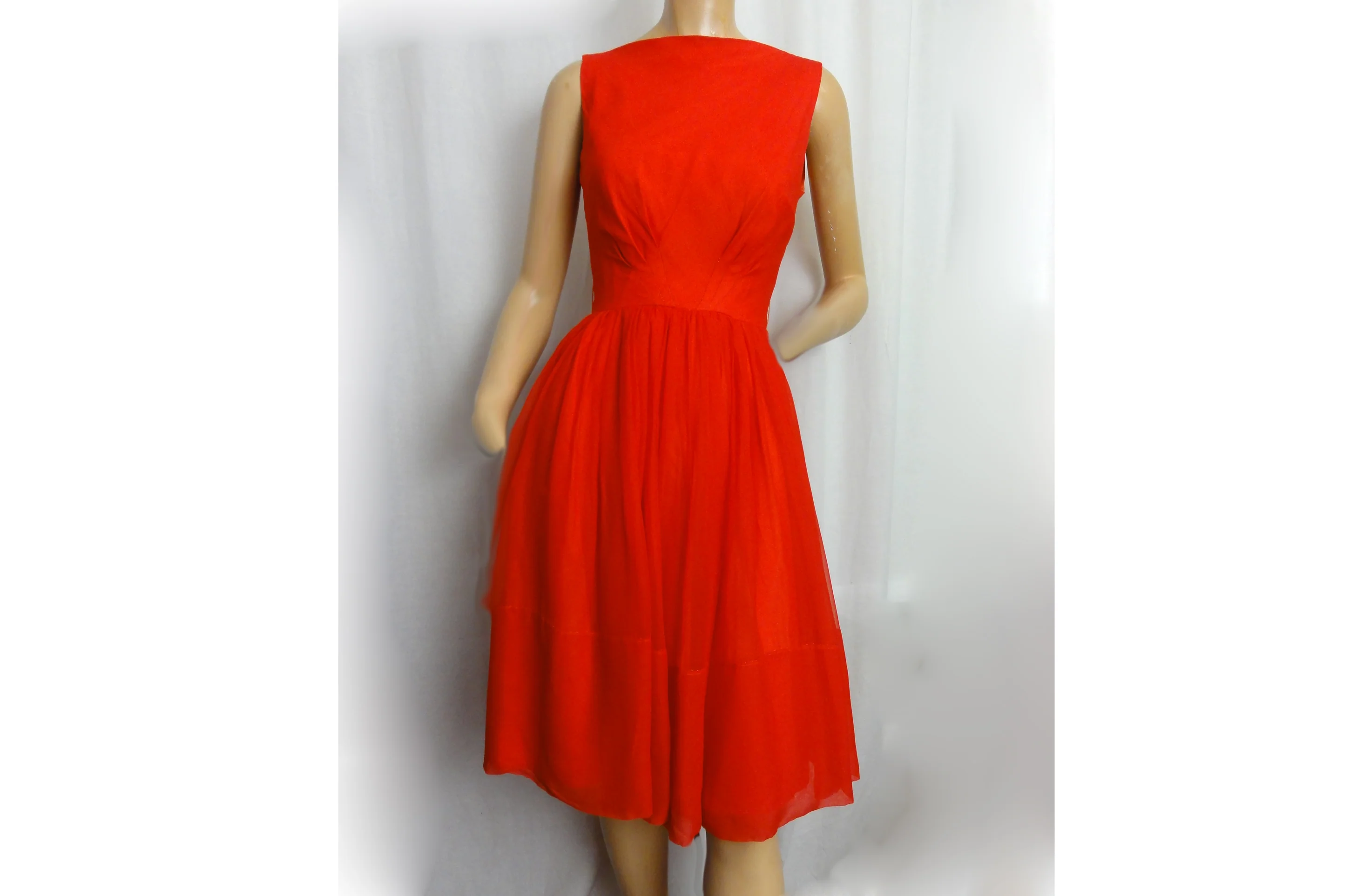 60s Evening Gown Red Orange Chiffon Full Skirt Dress By An Original Jr. Theme - Image 3