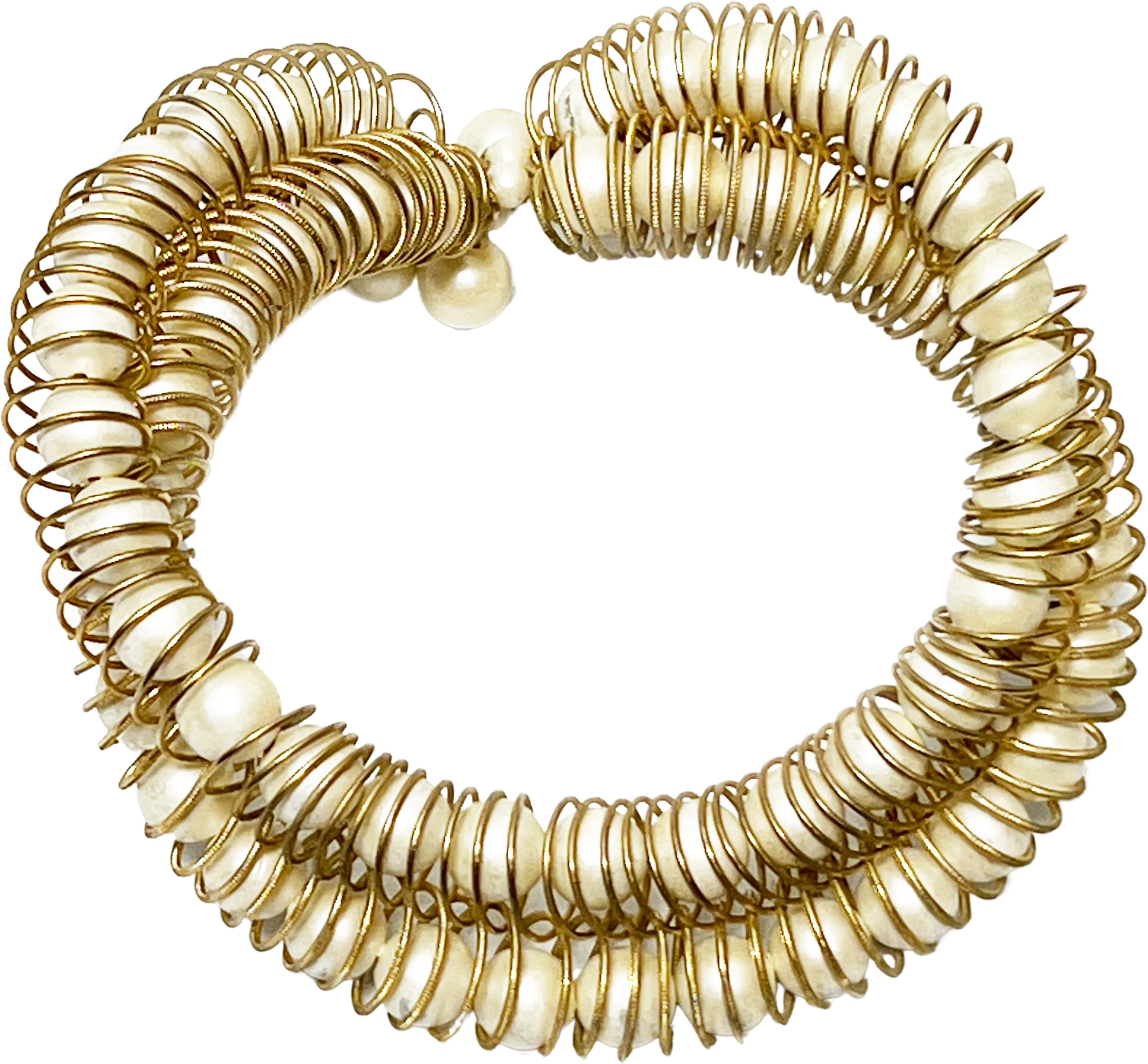 60s Faux Pearl And Coiled Gold Metal Bracelet - Image 2