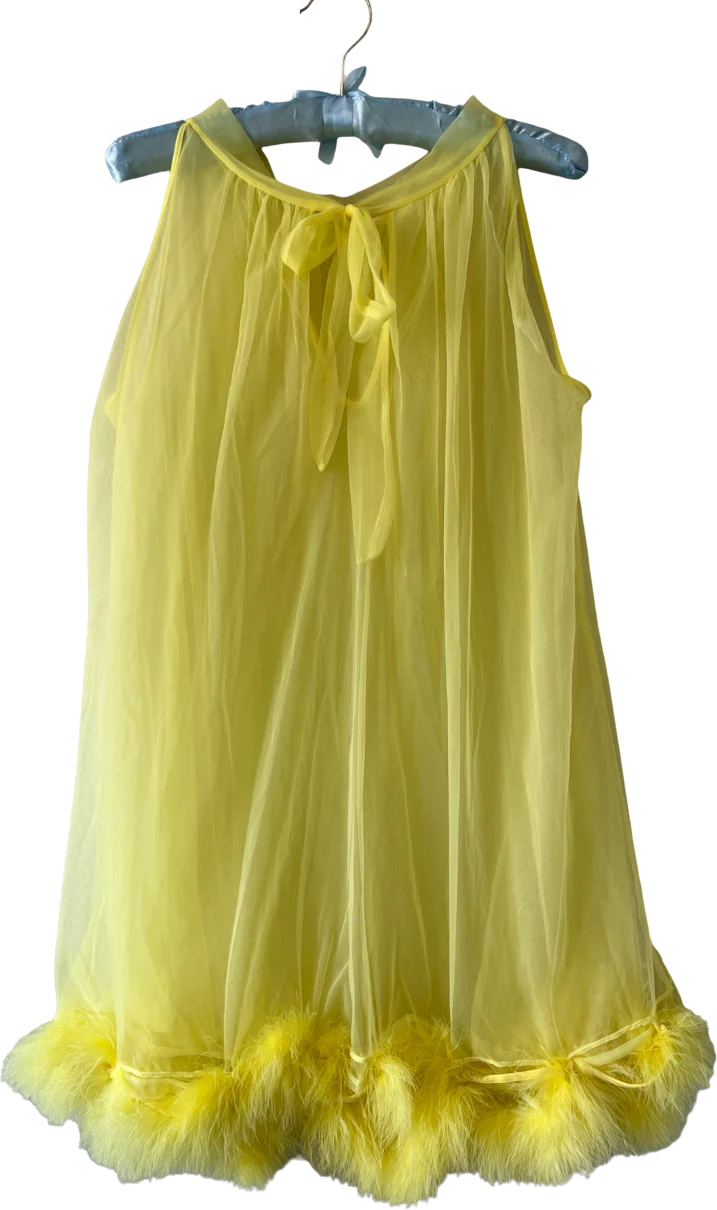 60s Fembot Marabou-trimmed Negligee Set Lemon Yellow By Chic Lingerie - Image 2