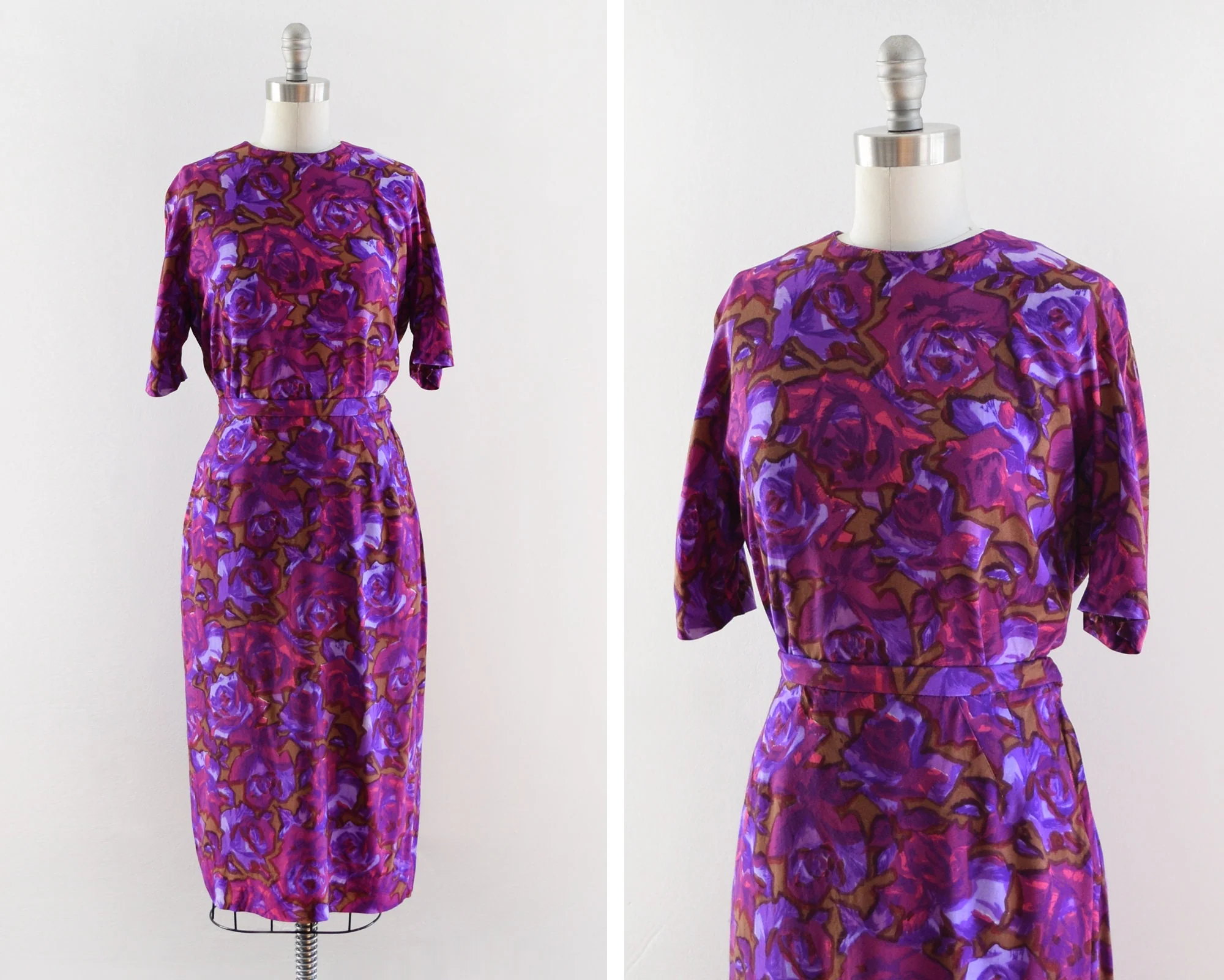 60s Floral Dress Set Vintage 60s Purple Top and Skirt Separates, Mid Century Cotton Two Piece Dress, Medium - Image 2