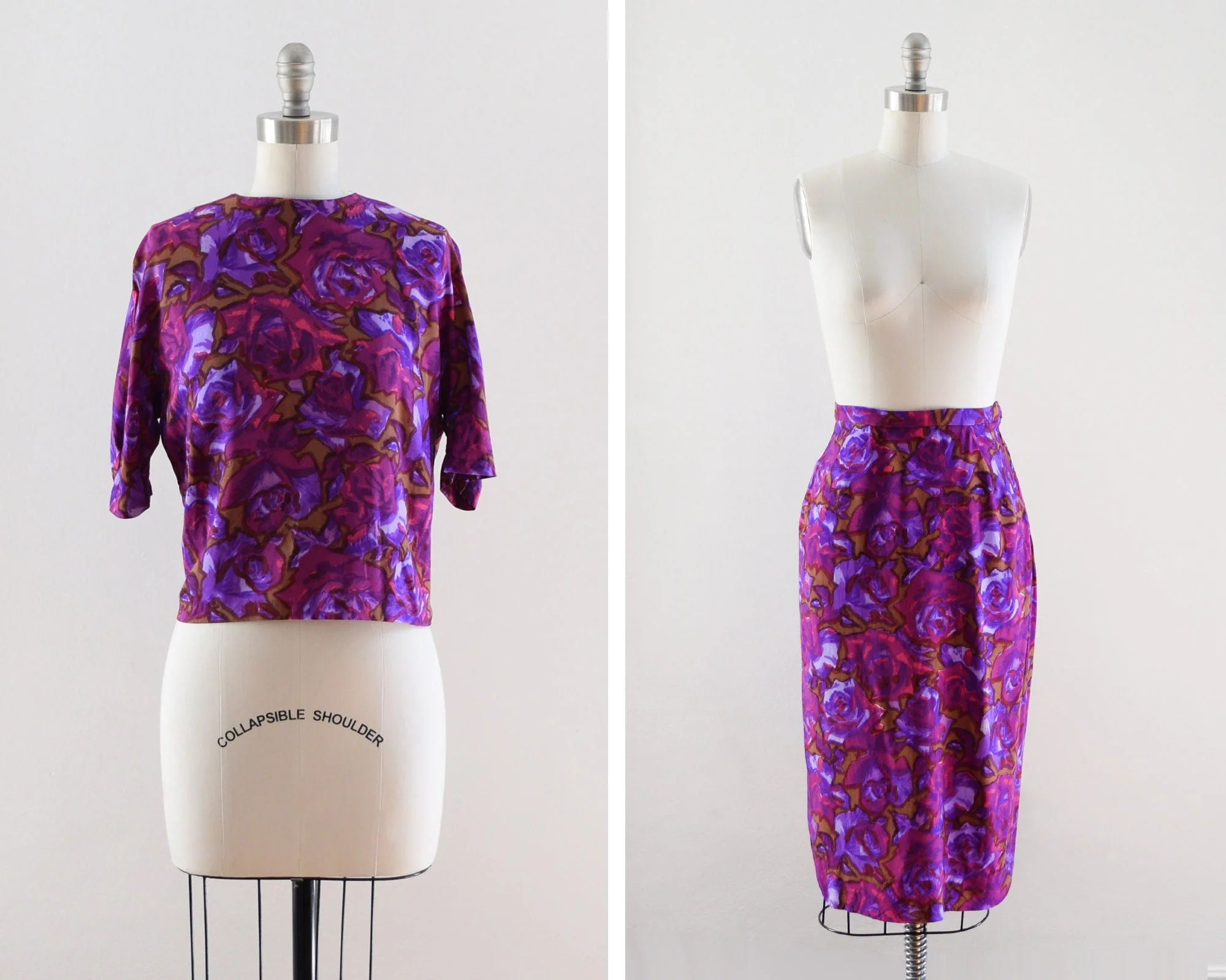 60s Floral Dress Set Vintage 60s Purple Top and Skirt Separates, Mid Century Cotton Two Piece Dress, Medium - Image 7