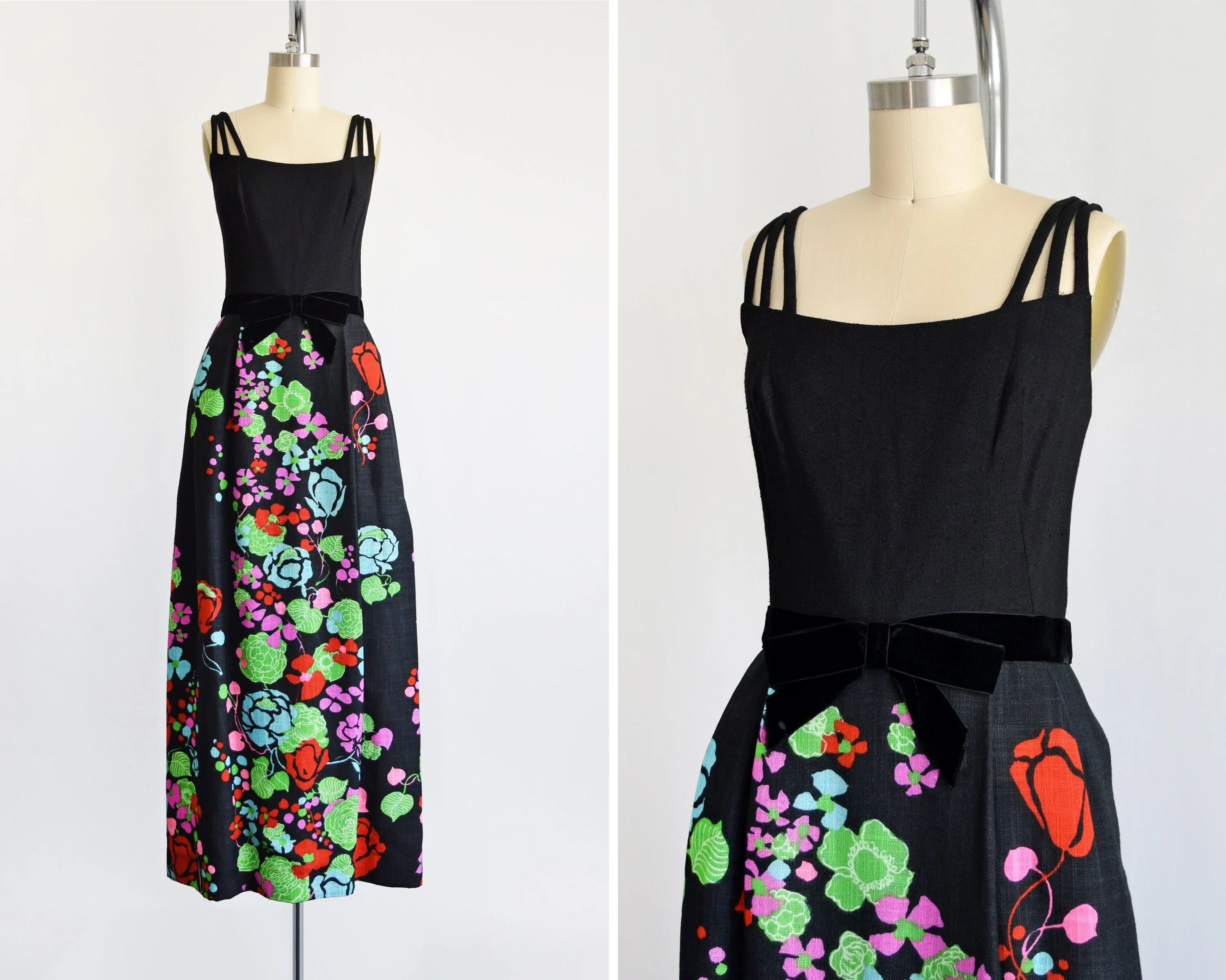 60s Floral Maxi Dress Vintage 60s Dress, Black Flower Power Linen Maxi Dress with Velvet Bow Waist and Pockets, Small - Image 2