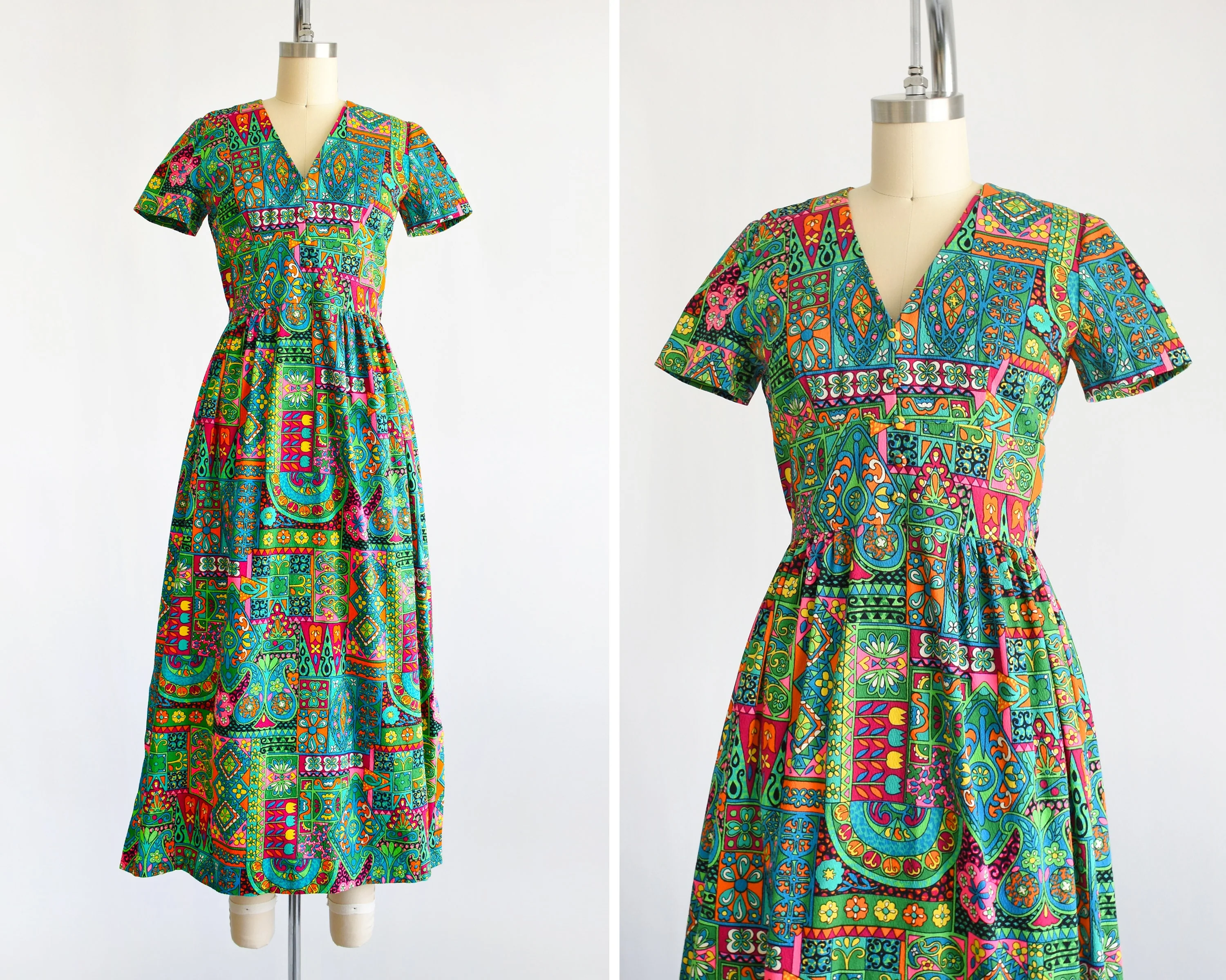 60s Floral Maxi Dress Vintage 60s Maxi Dress, 70s Flower Power Cotton Barkcloth Bright Psychedelic Dress, Xs/small - Image 2