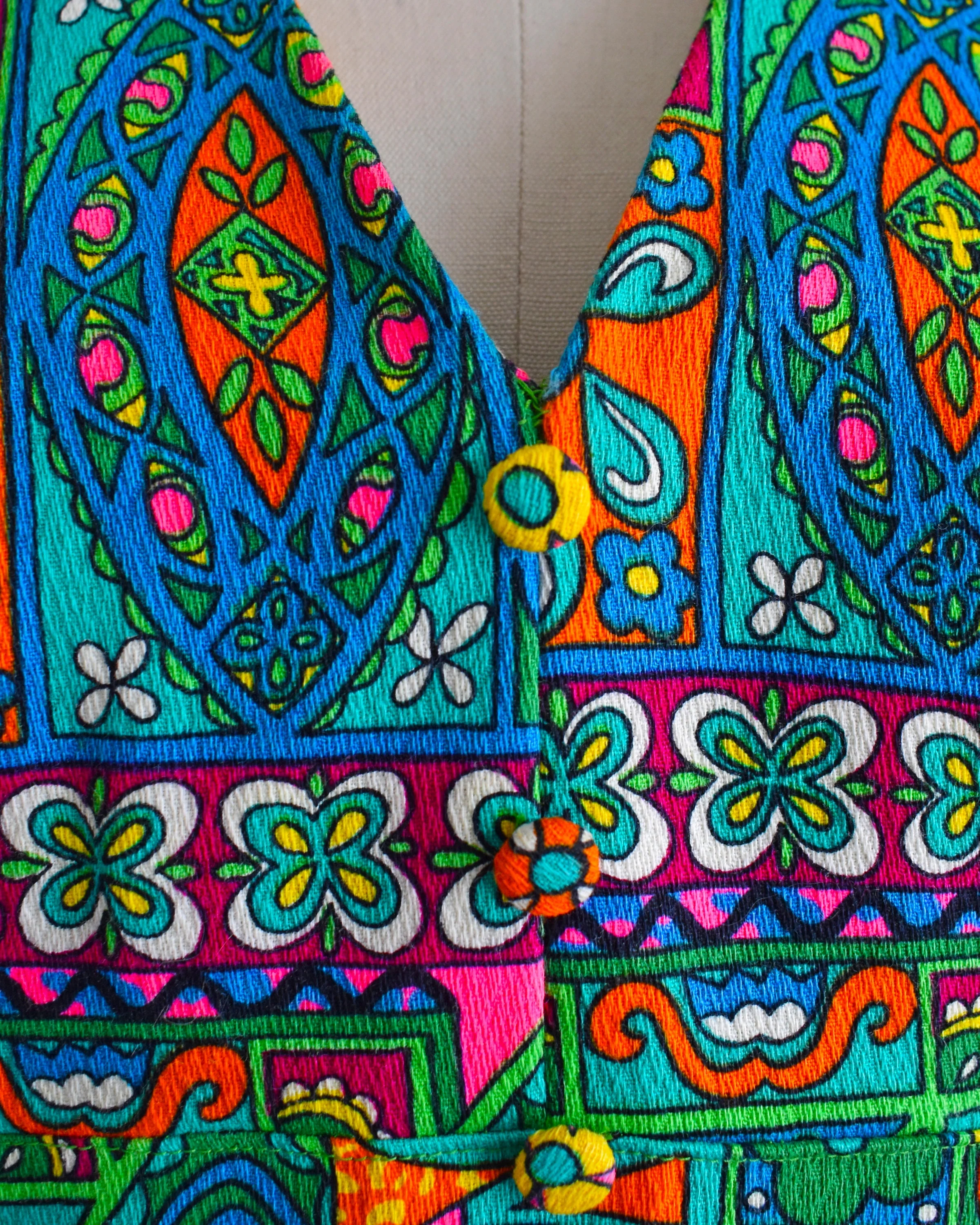 60s Floral Maxi Dress Vintage 60s Maxi Dress, 70s Flower Power Cotton Barkcloth Bright Psychedelic Dress, Xs/small - Image 6
